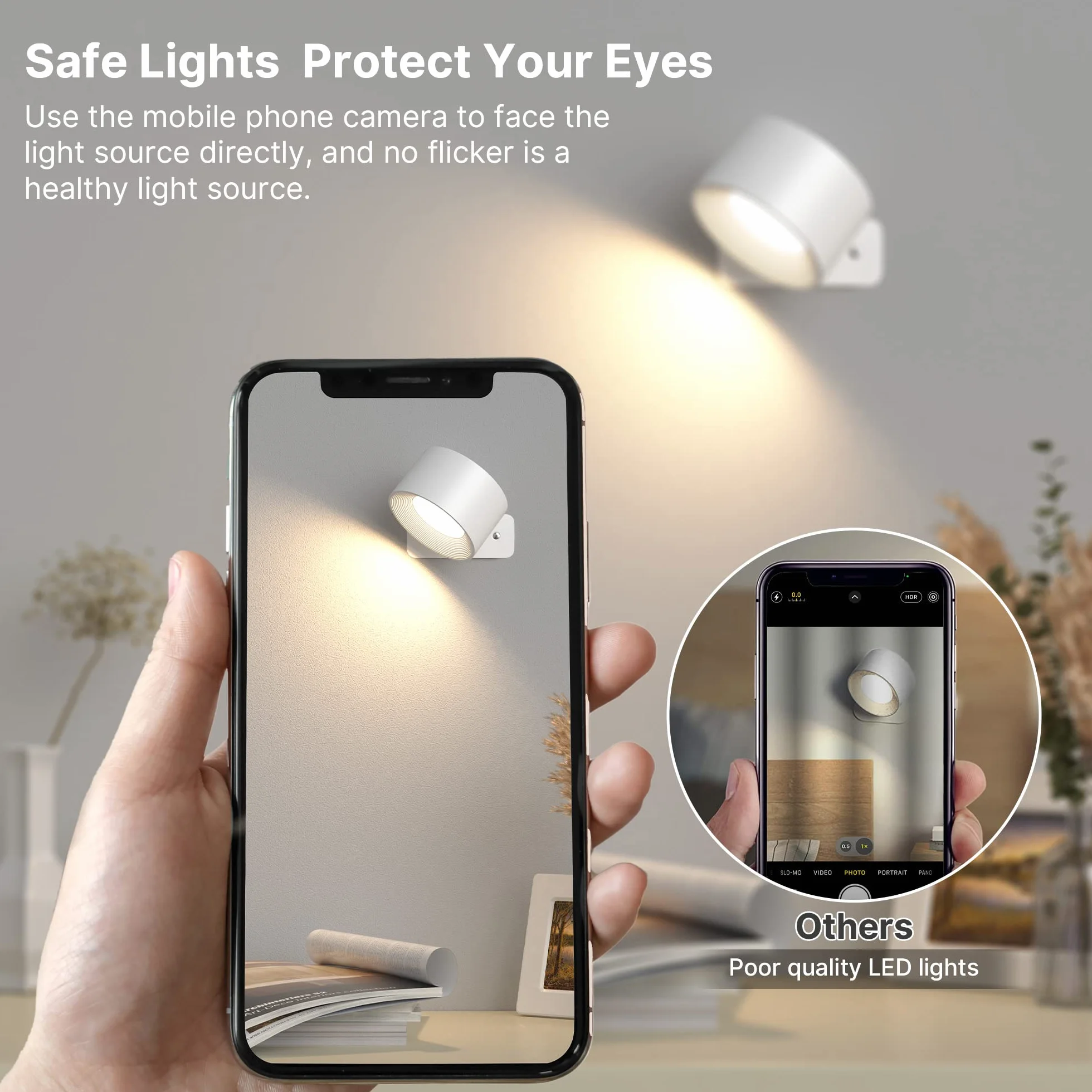 Indoor Wall Light, lampa ścienna z akumulatorem USB Charging, 3 kolory i 3 poziomy jasności LED Wall Light Indoor 360° Rotatable Touch Control Wall Lights Wireless Wall Lights (White)