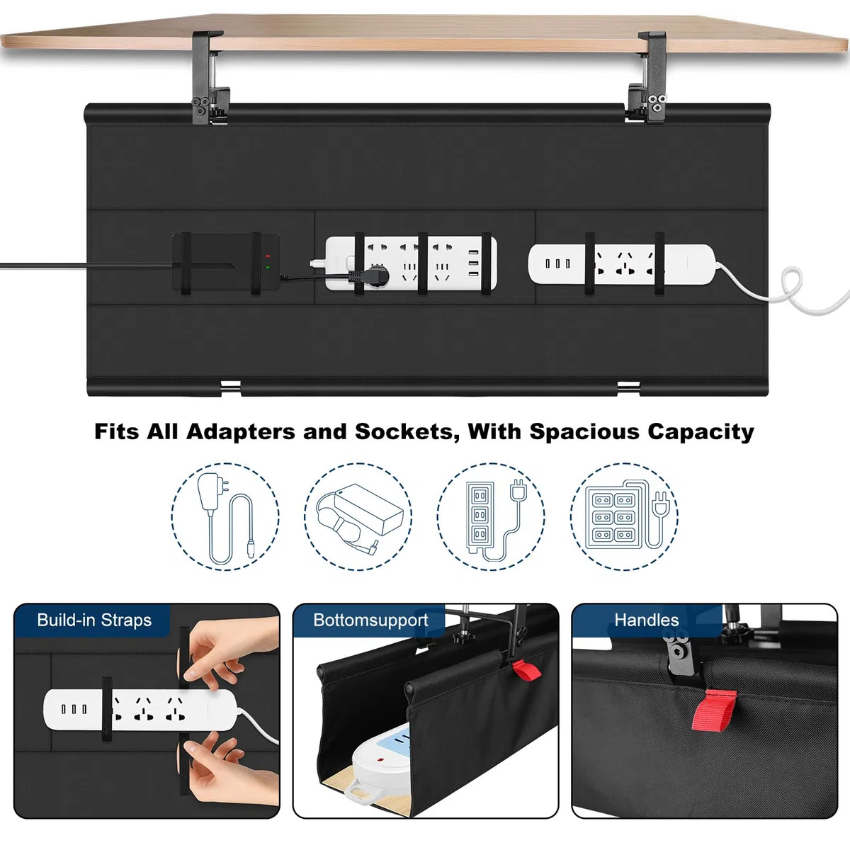 Fentar Organizator kabli biurkowych, 90 cm, taca kablowa na biurko w tkaninie Oxford 600D, zarządzanie kablami pod biurkiem z uchwytem zaciskowym, zbiera kabel stół z otworem bocznym