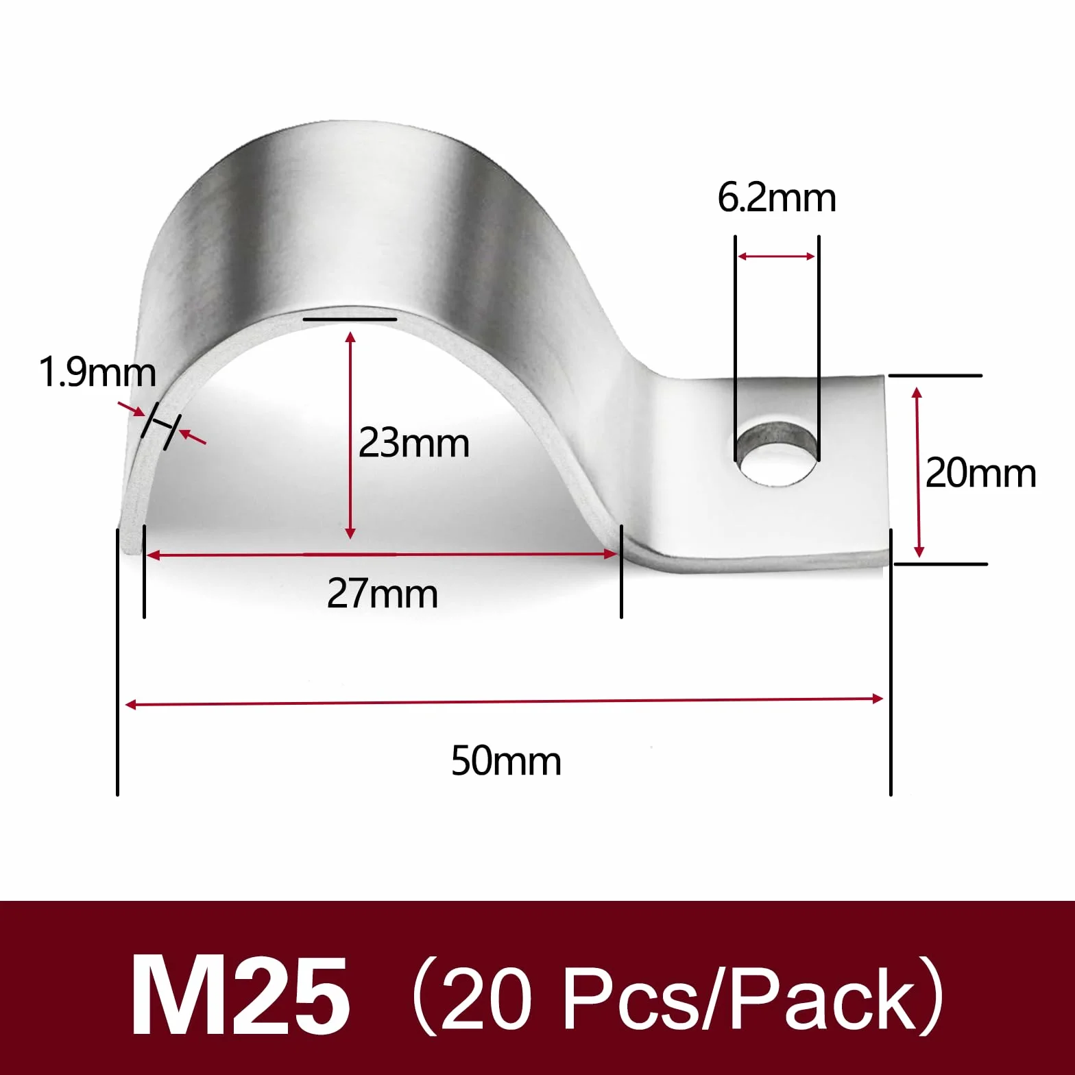 20 sztuk metalowych obejm kablowych, 304, stal nierdzewna, 25 mm, pojedyncze otwory w kształcie litery U, obejmy mocujące, zaciski kablowe do wkręcania, klamra do węża uchwyt do rur Ø 25 mm