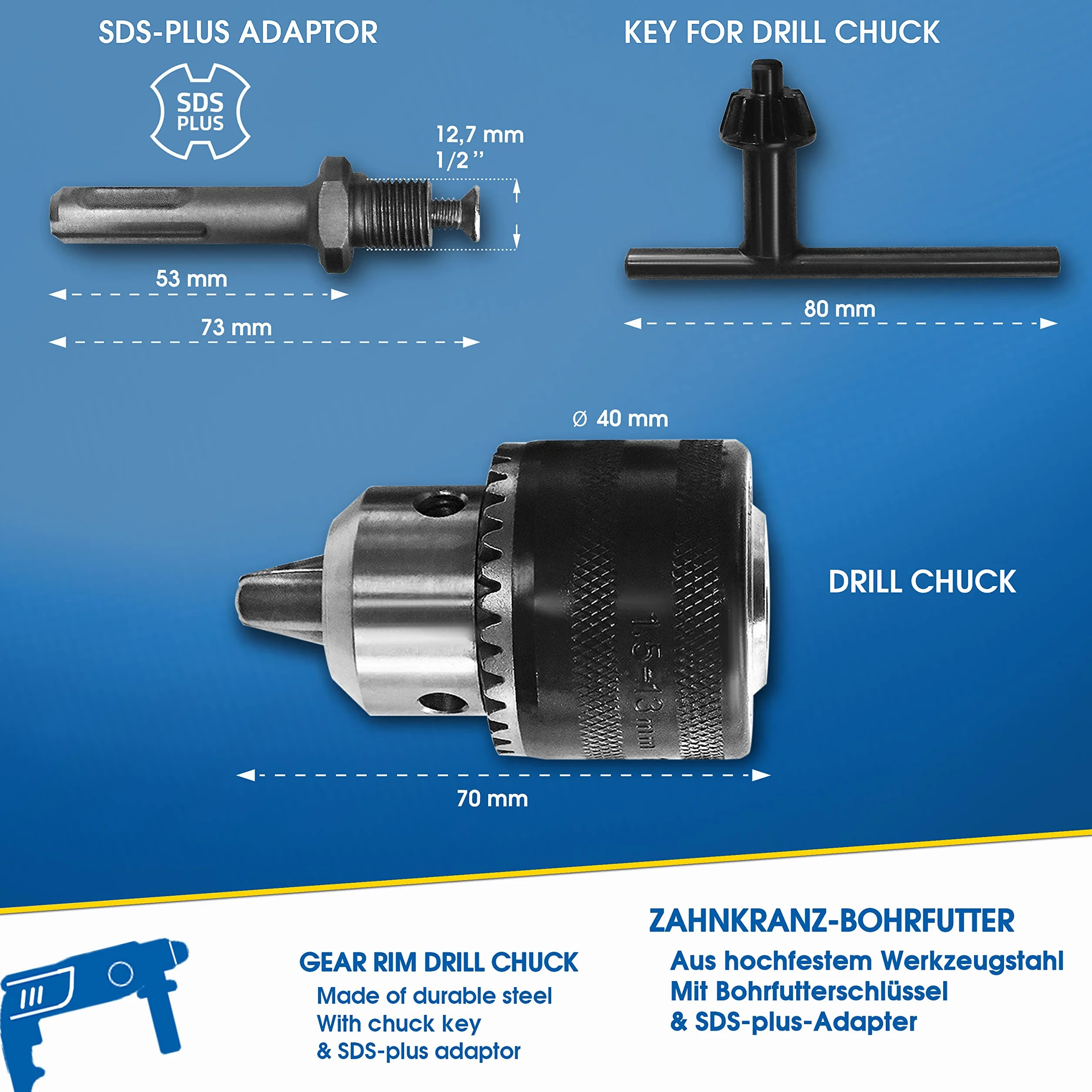 S&R Uchwyt wiertarski z wieńcem zębatym 1,5-13 mm, 1/2-20UNF, wysokiej jakości metalowy uchwyt wiertarski z adapterem do SDS-plus do wiertarek i wiertarek udarowych