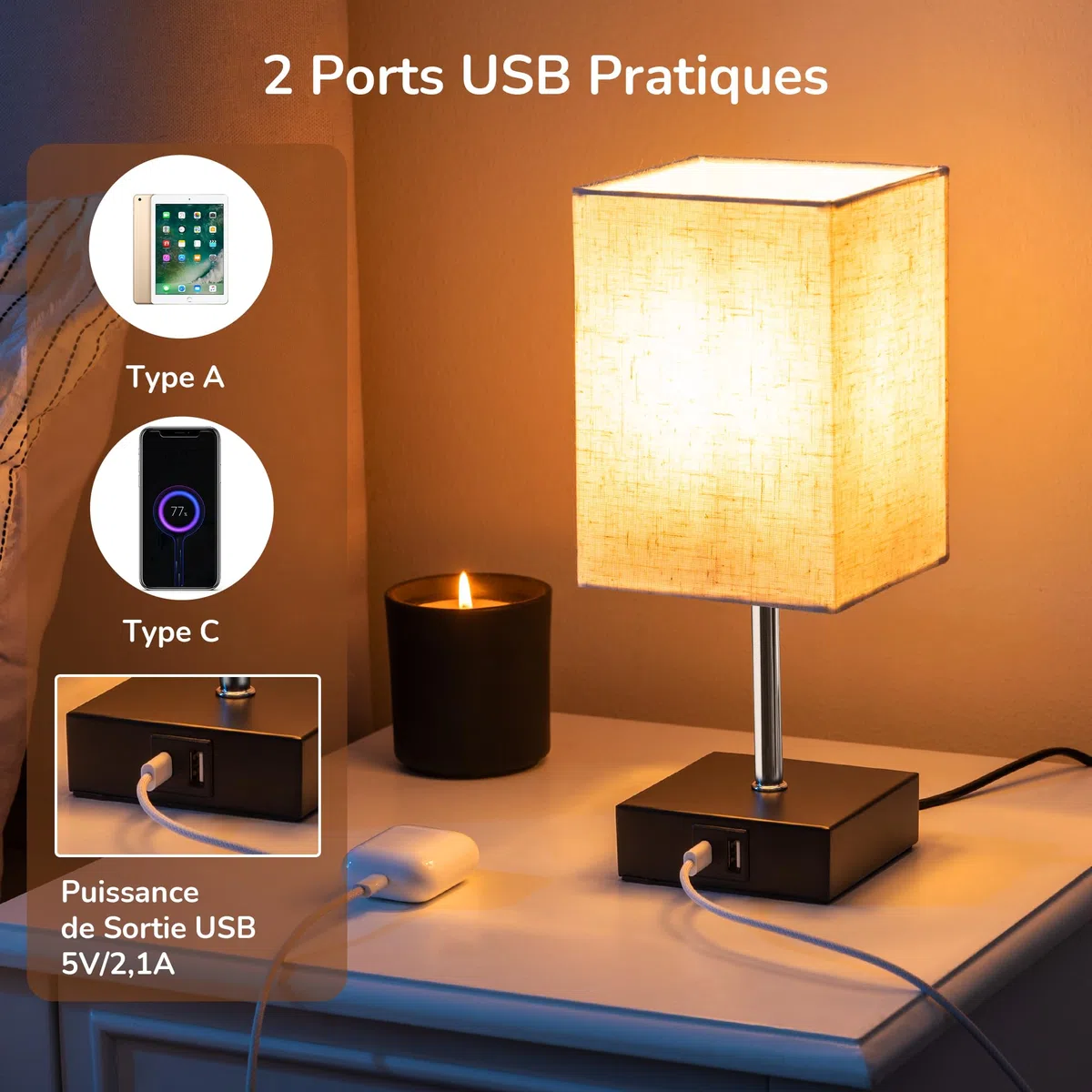 EDISHINE 2 lampy stołowe, regulator dotykowy, 2 USB, beżowy owies | Żarówka LED 2700K w zestawie, funkcja ładowania, 5 V/2,1 A, do sypialni, salonu, parapetu, 28 cm
