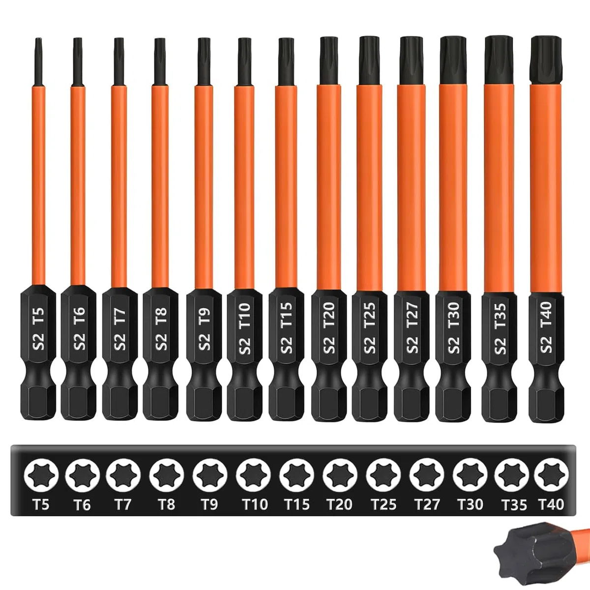 Zestaw bitów Torx, 13 sztuk, długość 75 mm, zestaw bitów Torx (T5-T40), stal S2, 1/4", sześciokątny trzonek magnetyczny, długie bity do wkrętarki akumulatorowej