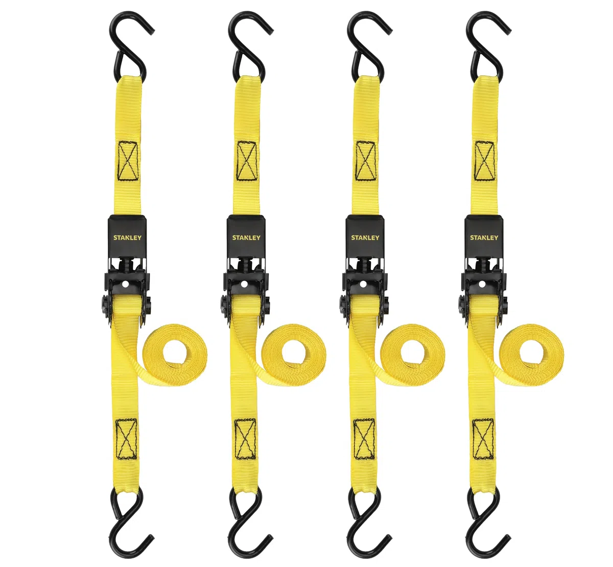 STANLEY S9500 Czarne/żółte paski z grzechotką 2,5 cm x 25,5 cm - lekki ładunek (obciążenie robocze 136 kg/wytrzymałość na rozerwanie 408 kg), 4 szt