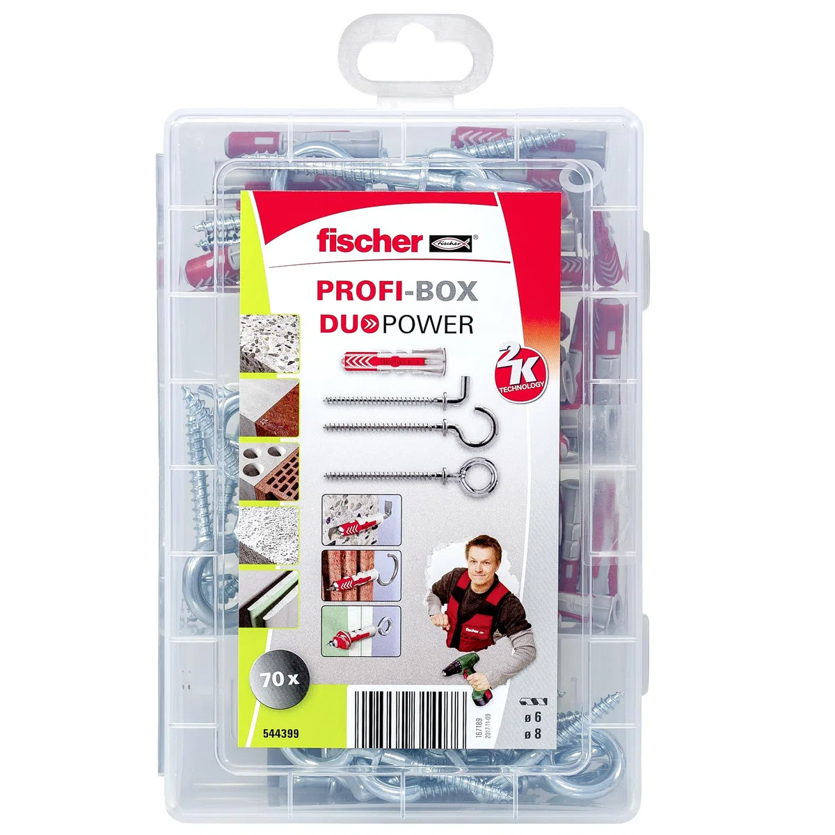 fischer Profesjonalne pudełko DuoPower z haczykami, pudełko na kołki z 70 elementami (20 szt. 6 x 30, 20 szt. 8 x 40, 30 szt. haków kątowych, okrągłych i oczkowych), uniwersalne kołki, praktyczna