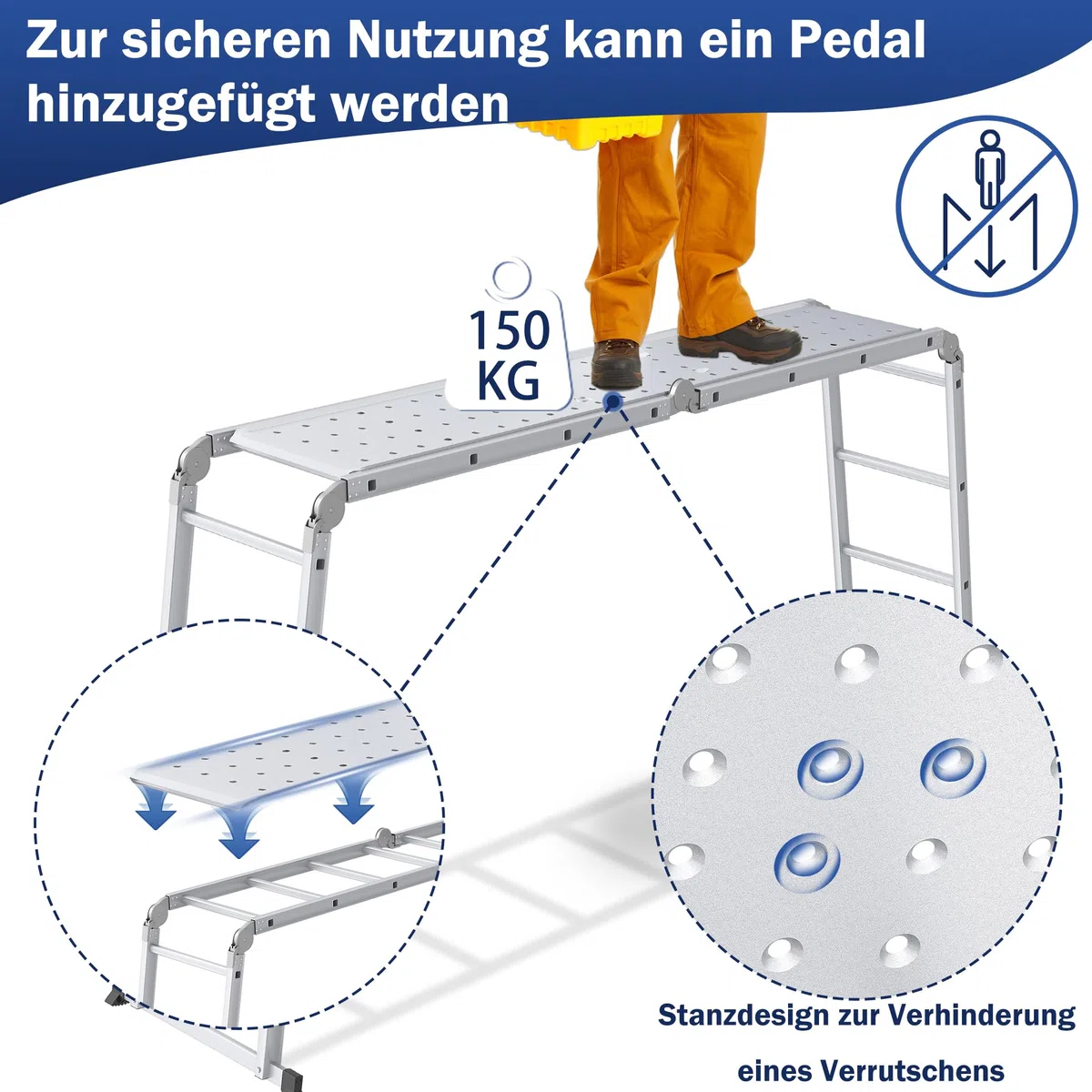 XMTECH Uniwersalna drabina składana, przegubowa z platformą, aluminiowa drabina, wielofunkcyjna, 6 w 1, drabina przystawna, z aluminium, 4 x 3 stopnie, srebrna