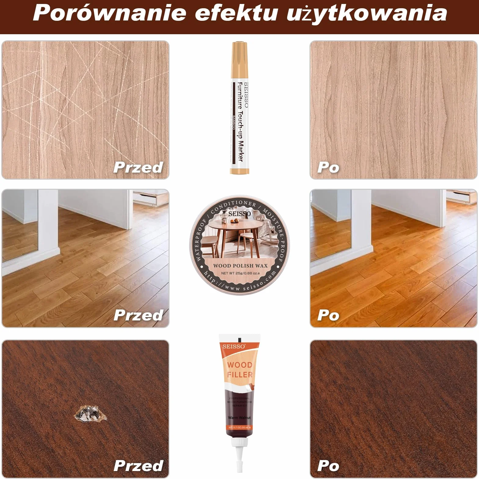 SEISSO Zestaw naprawczy do mebli drewnianych, szpachelka do drewna z kitem do drewna, wosk do polerowania otworów