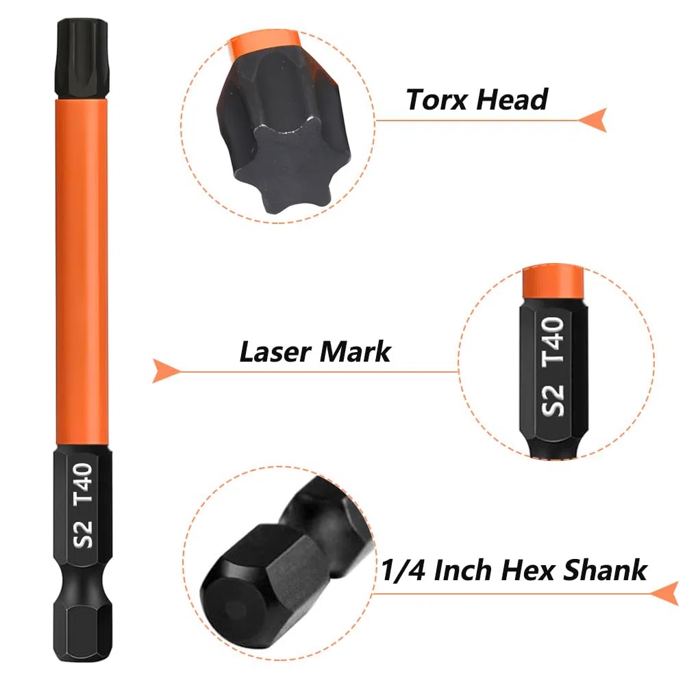 Zestaw bitów Torx, 13 sztuk, długość 75 mm, zestaw bitów Torx (T5-T40), stal S2, 1/4", sześciokątny trzonek magnetyczny, długie bity do wkrętarki akumulatorowej