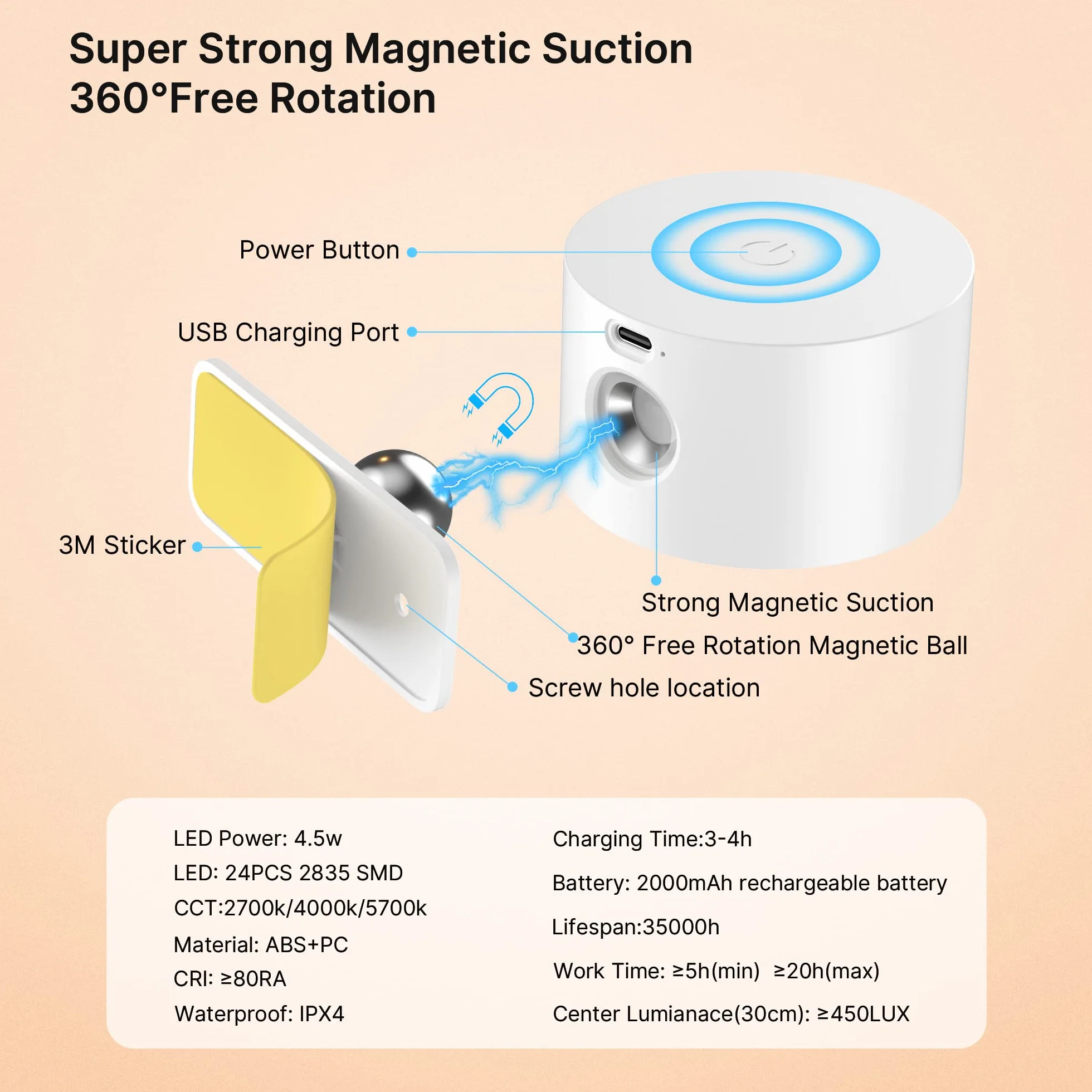 Indoor Wall Light, lampa ścienna z akumulatorem USB Charging, 3 kolory i 3 poziomy jasności LED Wall Light Indoor 360° Rotatable Touch Control Wall Lights Wireless Wall Lights (White)