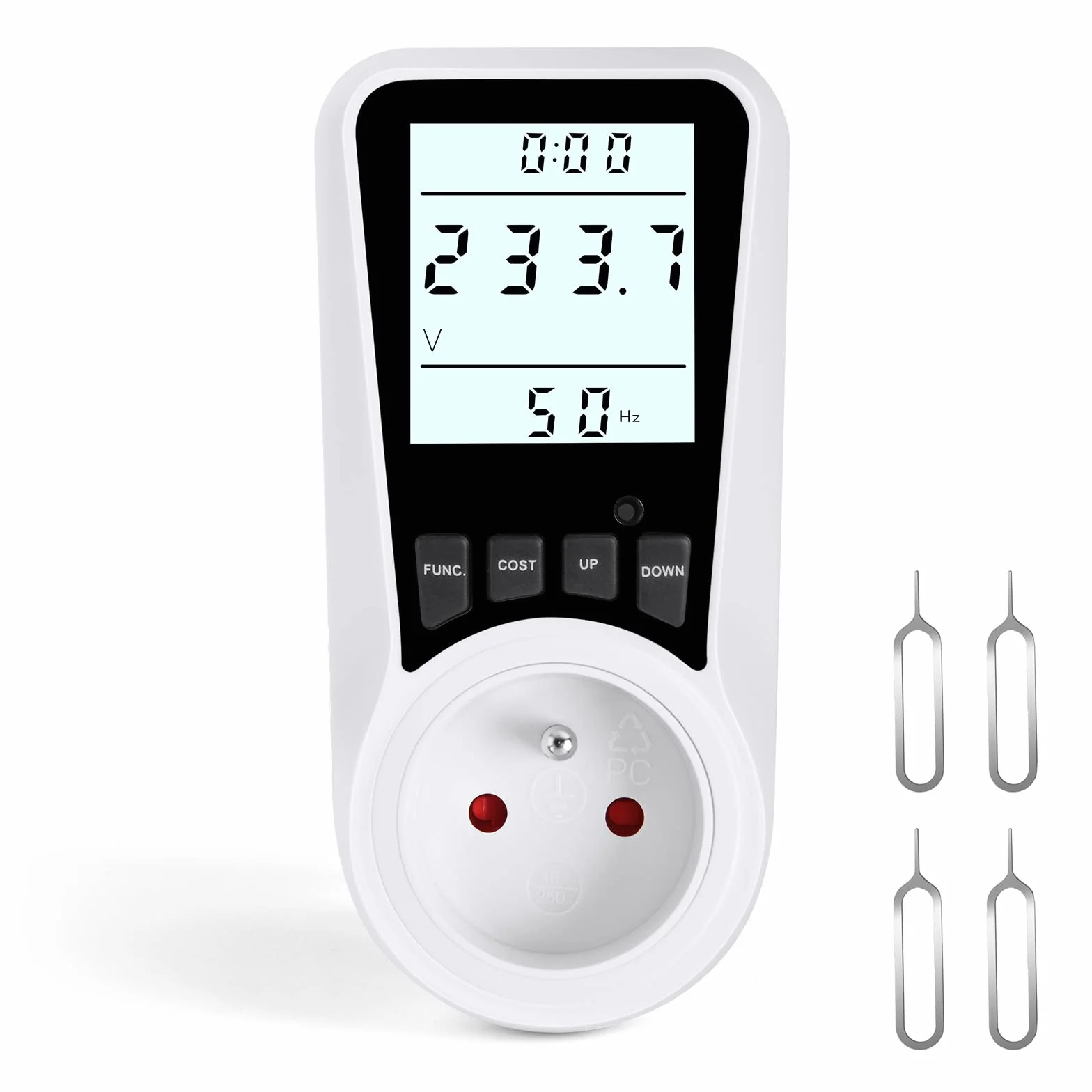 Flintronic Elektryczny miernik zużycia, monitor energii elektrycznej z podświetlanym wyświetlaczem LCD z ochroną przed przeładowaniem, monitorowanie zużytej energii, Watt, koszt energii elektrycznej (FR)