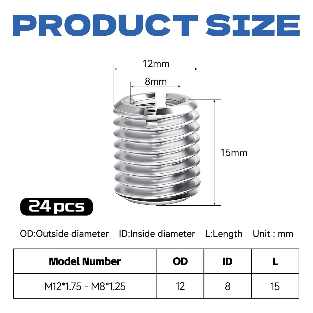 Zestaw adapterów gwintowanych M12 do M8 x 15 mm, 24 sztuki, gwintowana tuleja ze stali nierdzewnej do połączeń śrubowych, naprawy