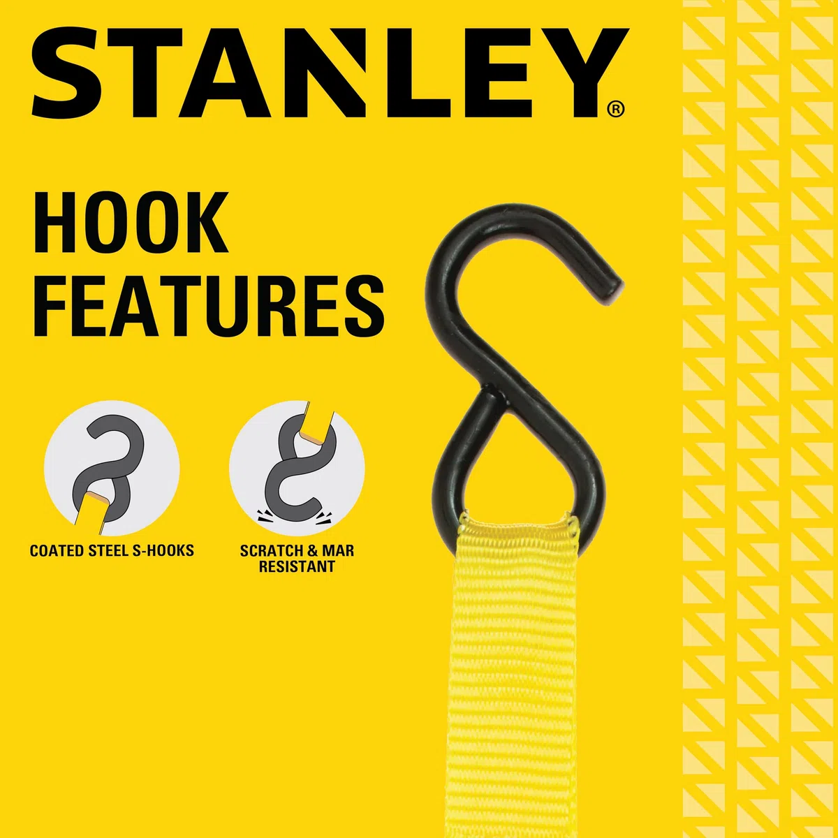 STANLEY S9500 Czarne/żółte paski z grzechotką 2,5 cm x 25,5 cm - lekki ładunek (obciążenie robocze 136 kg/wytrzymałość na rozerwanie 408 kg), 4 szt