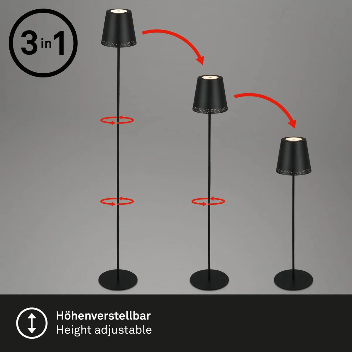 BRILONER – Akumulatorowa lampa stojąca LED 3 w 1, stopniowe ściemnianie, dotykowa, lampa stojąca LED, bezprzewodowa, czarna