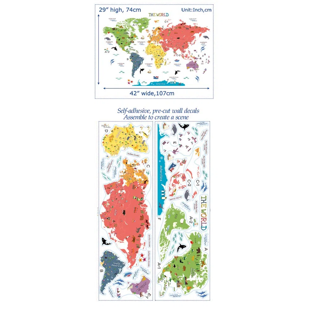 Duże Dziecięce Edukacyjne Zwierzęta / Państwa Flaga Narodowa Mapa Świata Naklejki na ścianę Peel& Stick Naklejki na ścianę i naklejki do dekoracji domu Sztuka do pokoju dziecięcego Sypialnia