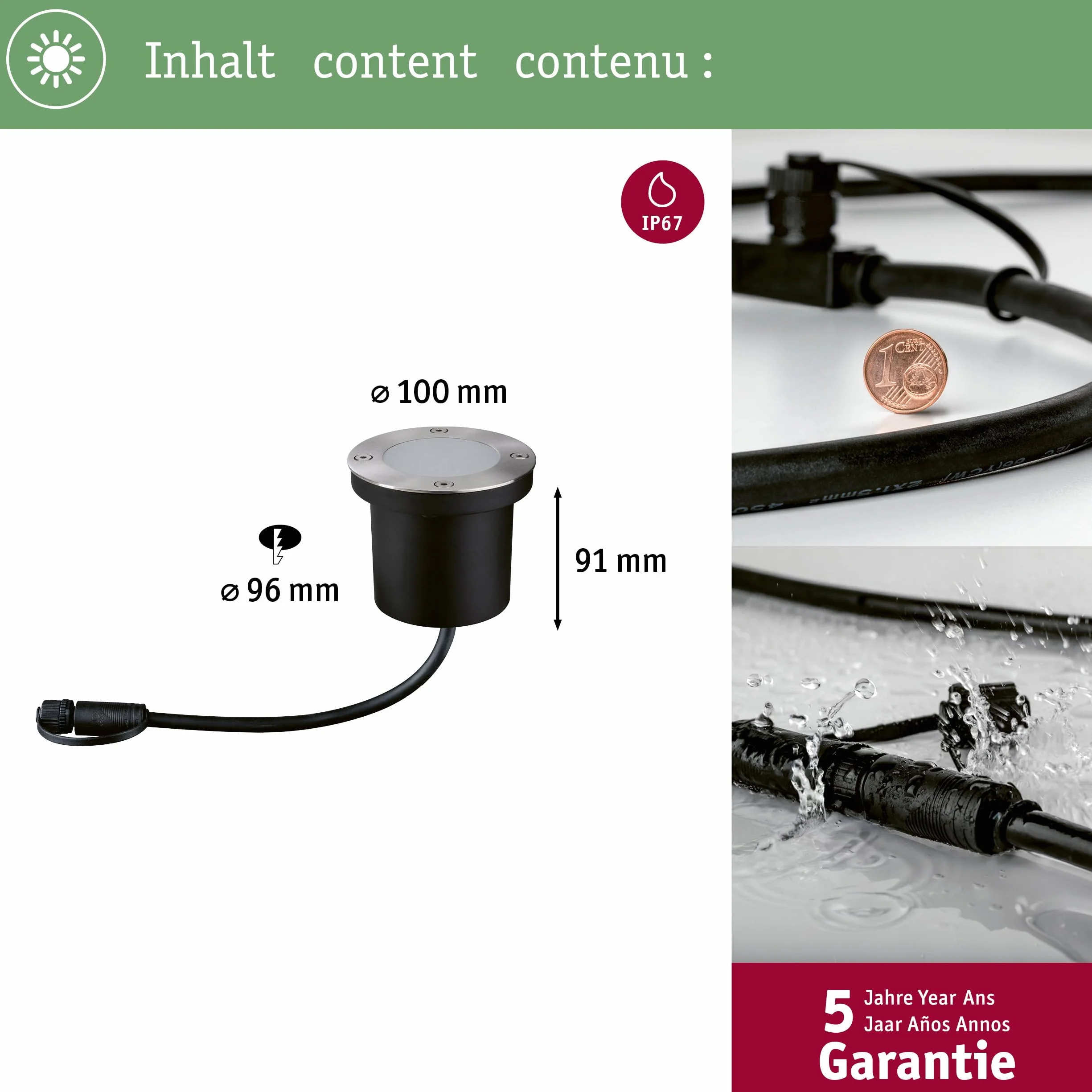 Paulmann 94228 Plug & Shine LED oprawa zewn.oprawa dogrunt. okr. w kompl. ściemn. 1x3,6 W IP65 na zewnątrz stal szl., metal, tw. sztuczne 3000 K