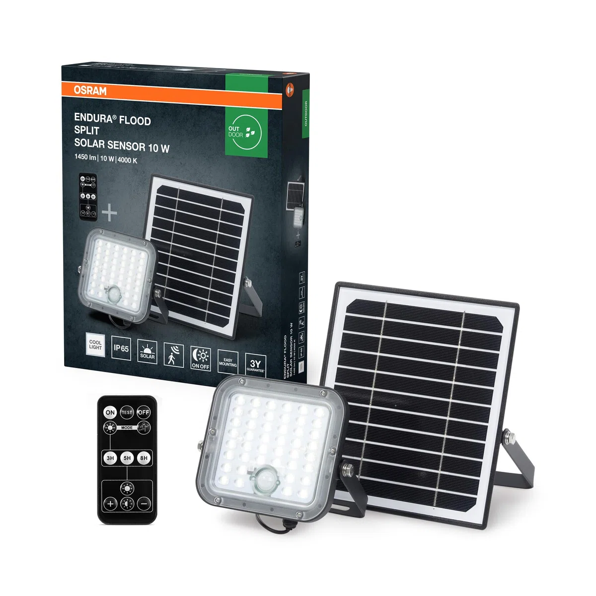 OSRAM LED-Solar-Außenleuchte Endura Outdoor schwarz mit Flutlicht und Solar-Panel, 5 m langes Kabel, mit Fernbedienung und PIR-Bewegungsmelder, 10 W, 1400 lm, 840, 4000 K Lichtfarbe, EEK A