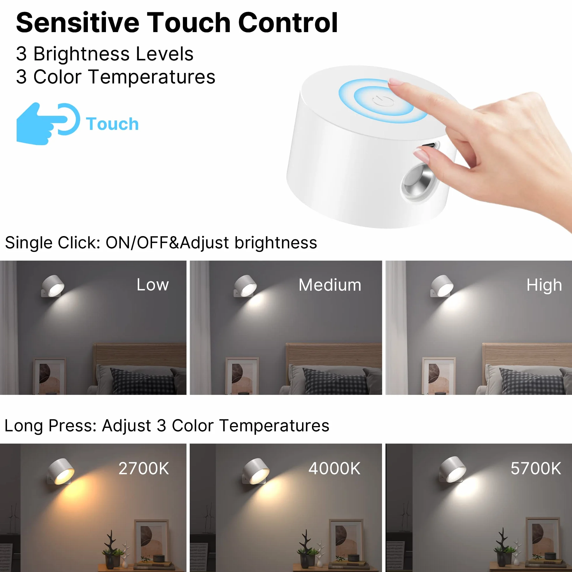 Indoor Wall Light, lampa ścienna z akumulatorem USB Charging, 3 kolory i 3 poziomy jasności LED Wall Light Indoor 360° Rotatable Touch Control Wall Lights Wireless Wall Lights (White)