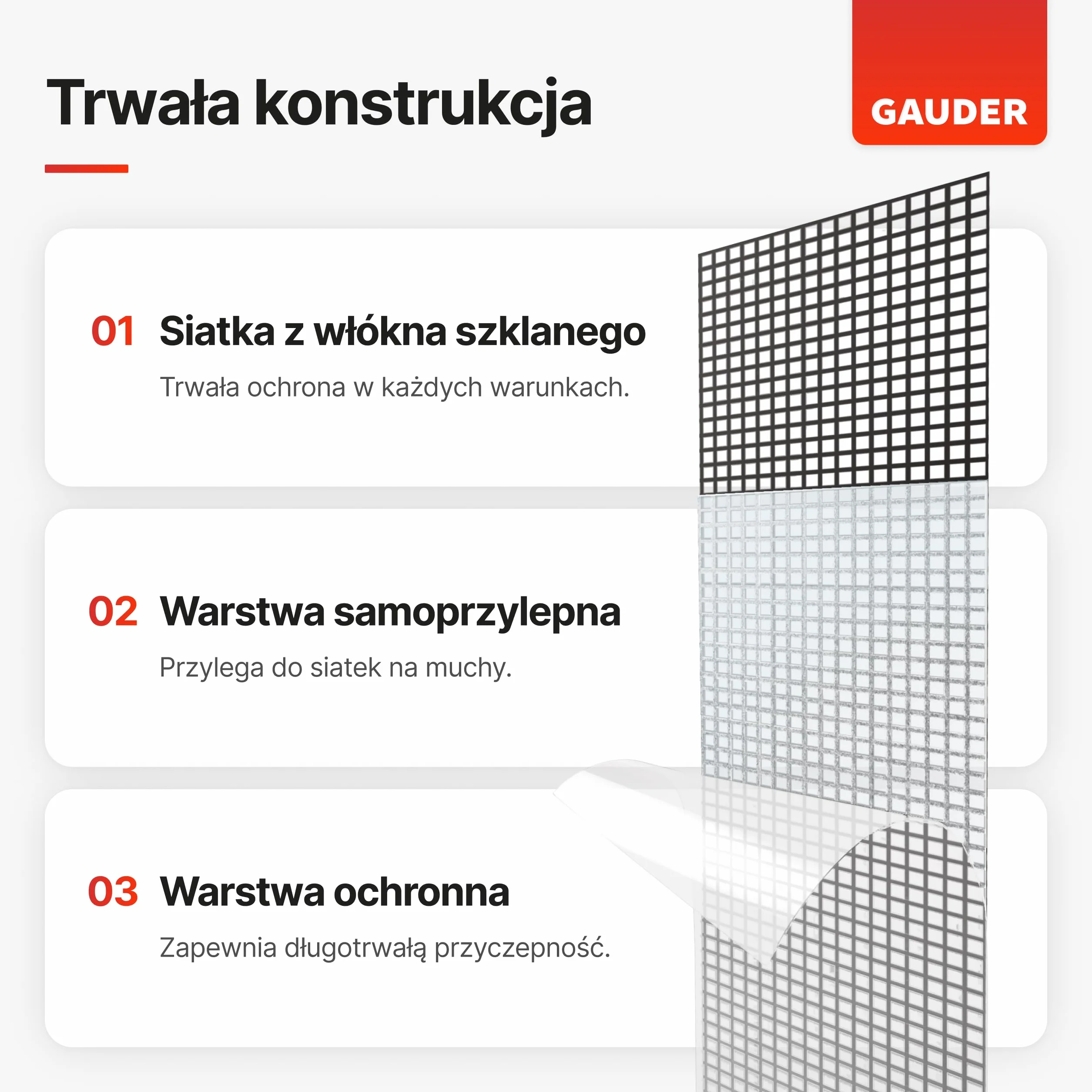 GAUDER taśma naprawcza do moskitier (50 mm x 3 m) | zestaw do naprawy moskitier | moskitiera do drzwi i okien