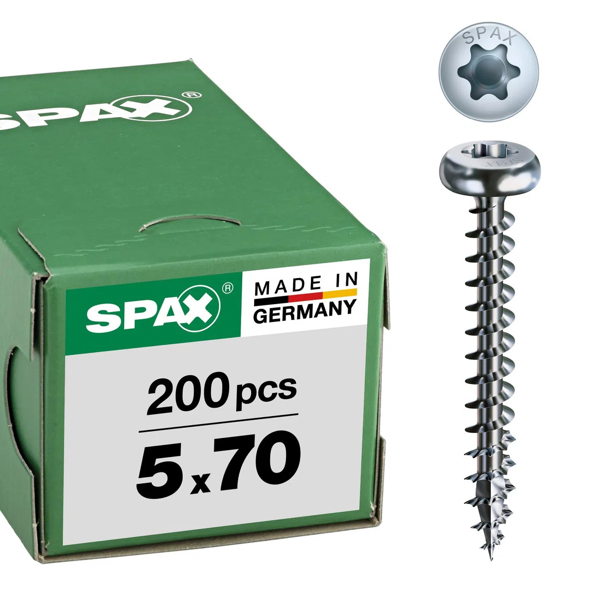 SPAX Universalschraube, 5,0 x 70 mm, 200 sztuk, T-STAR plus, półokrągła głowa, pełny gwint, 4CUT, WIROX A3J, jasne ocynkowane, 0201010500705