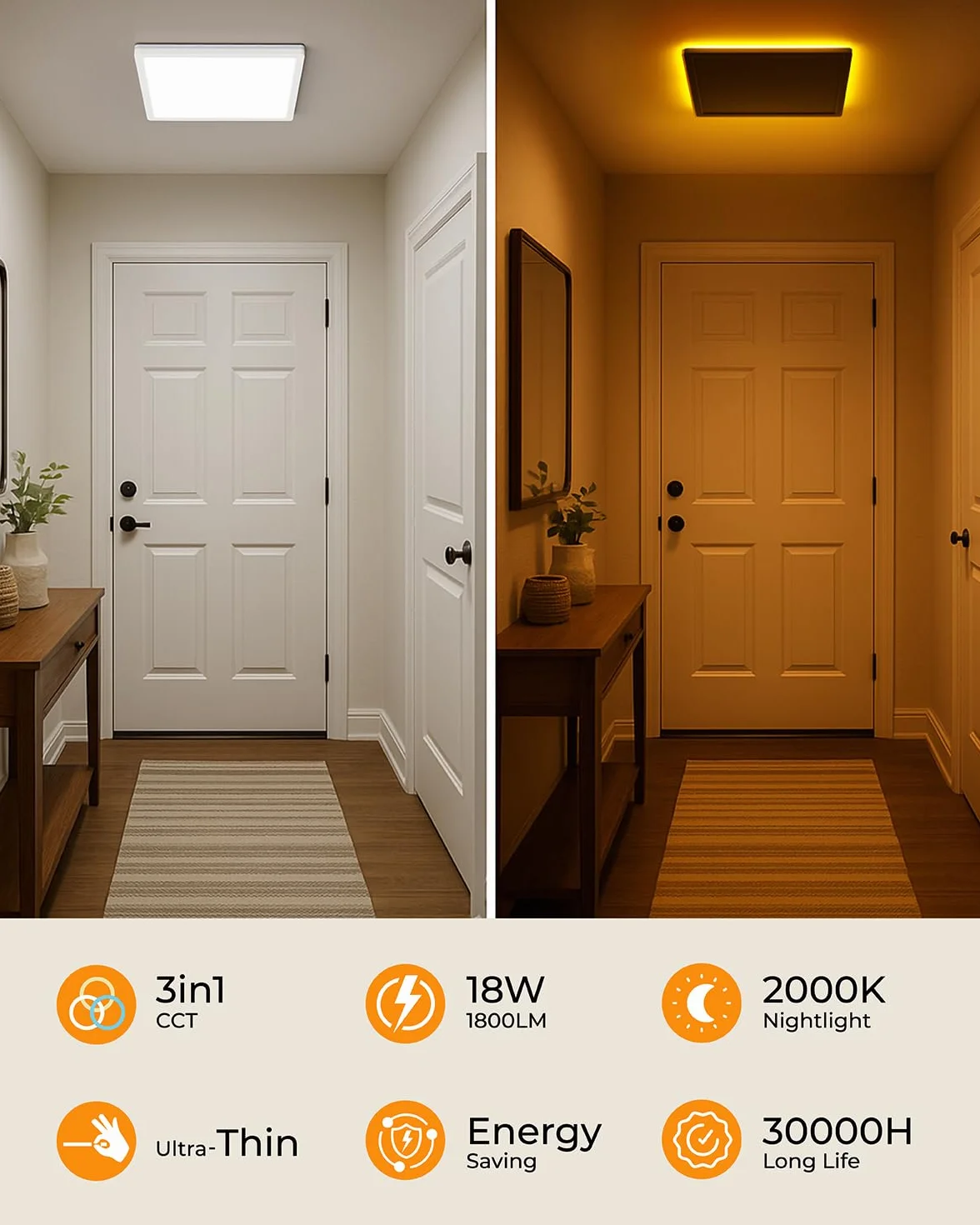 BLNAN Płaska Lampka Sufitowa LED, 18W Oświetlenie Sufitowe z Światłem Nocym 2000K, Ciepłe Białe Neutralne Białe Zimne Białe 3000K/4000K/5000K, Panel na Korytarz Sypialnia Kuchnia Balkon Piwnica, 22CM