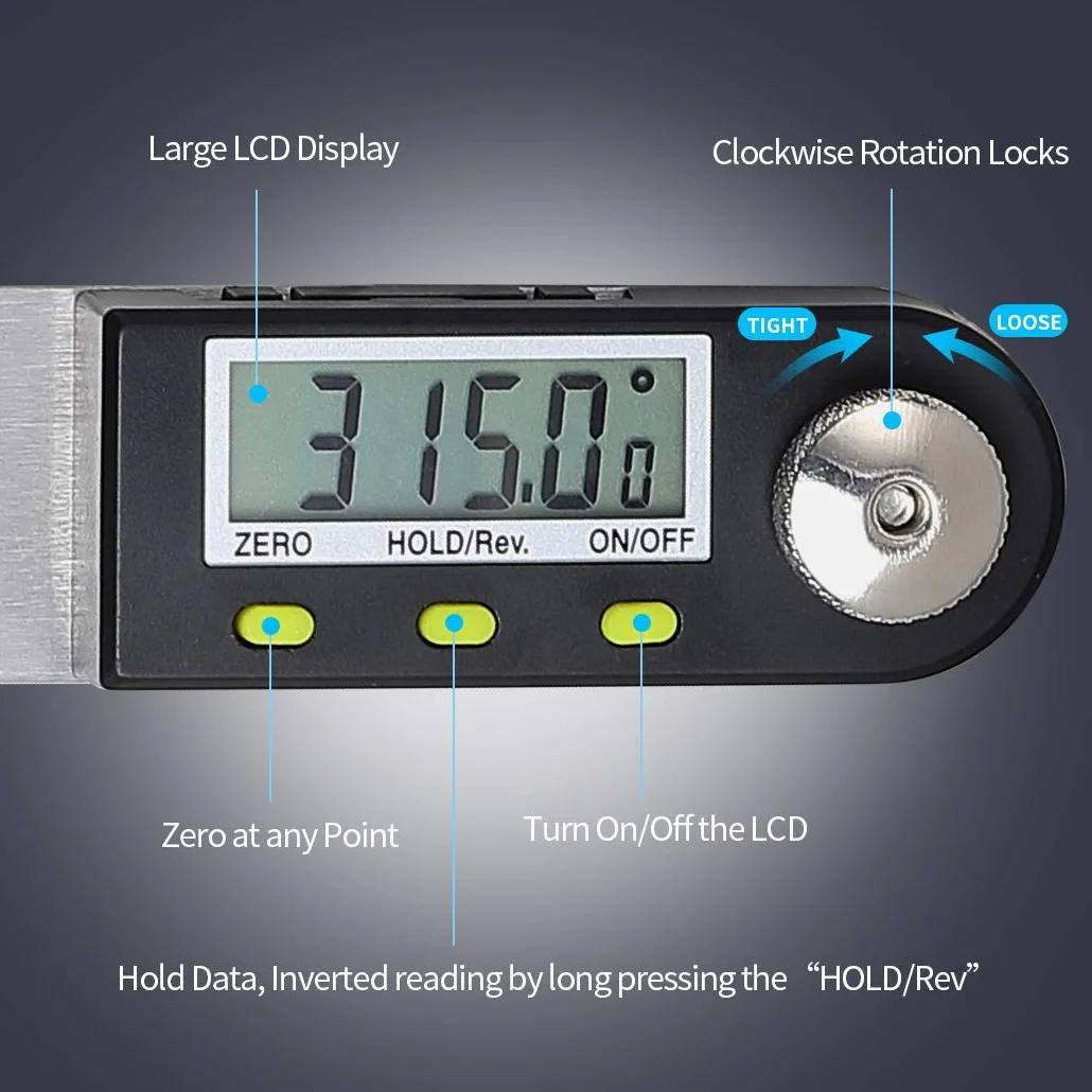 Cyfrowy kątomierz 0-360°, cyfrowy, kątomierz ze stali nierdzewnej, linijka kątowa z wyświetlaczem LCD do naprawy konstrukcji w drewnie