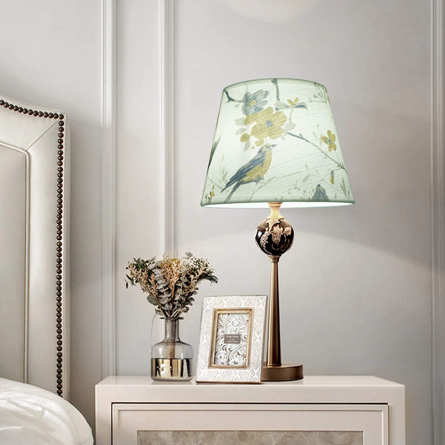 DULEE Klosz lampy górny 7 x wysokość 8 x spód 30 cm E27/E14 uchwyt Hardback abażury stołowe abażury bębnowe abażury lampy stojące materiał abażur ptak