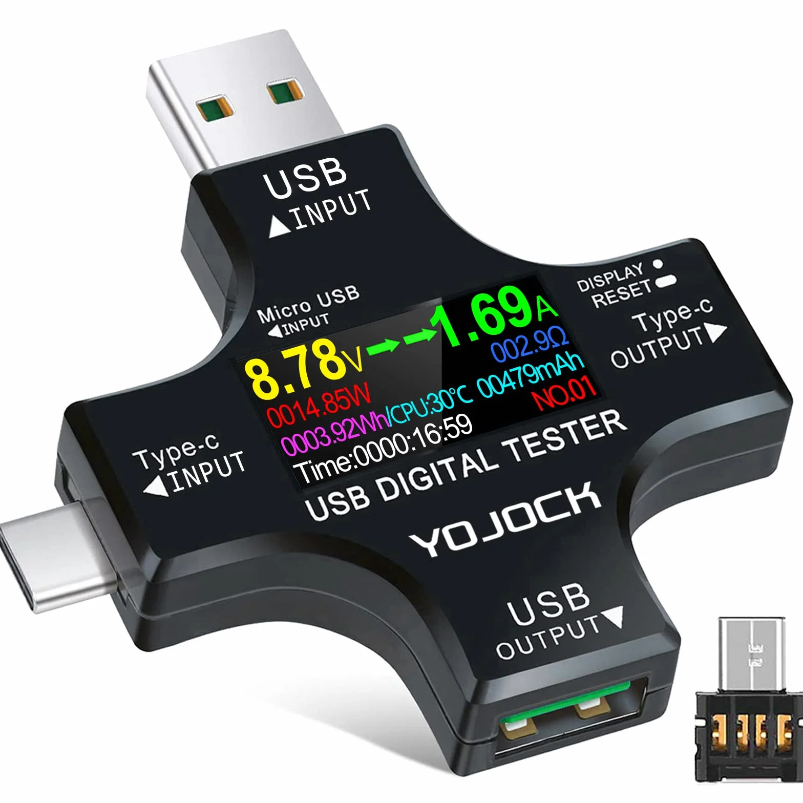 YOJOCK Tester USB Multimetr C Miernik prądu i napięcia 3,6-32 V 0-5,1 A Tester 2 w 1 Woltomierz Pojemność Zasilacz Watomierz Ładowarka z adapterem OTG