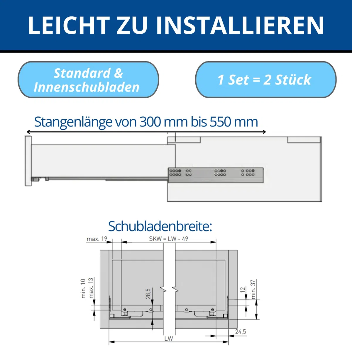 GTV Prowadnica dolnego montażu, szyny do szuflad, pełne prowadnice szuflad - 500 mm - system szyn Soft-Close - prowadnica montażowa przesuwna - obciążenie do 30 kg - 1 zestaw = 2 sztuki