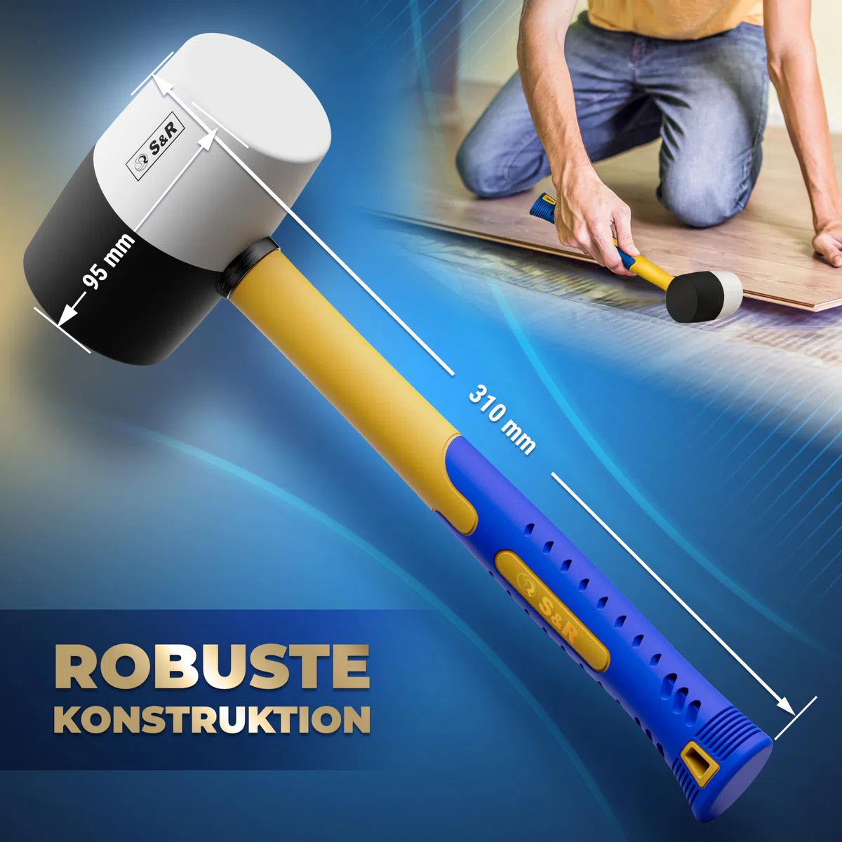 S&R Młotek gumowy do bruku, czarny/biały, 340 g, profesjonalny kauczuk naturalny, trzonek z włókna szklanego, antypoślizgowy, amortyzujący wstrząsy Ø 50 mm, młotek łagodny do bruku, płytki klinkierowe