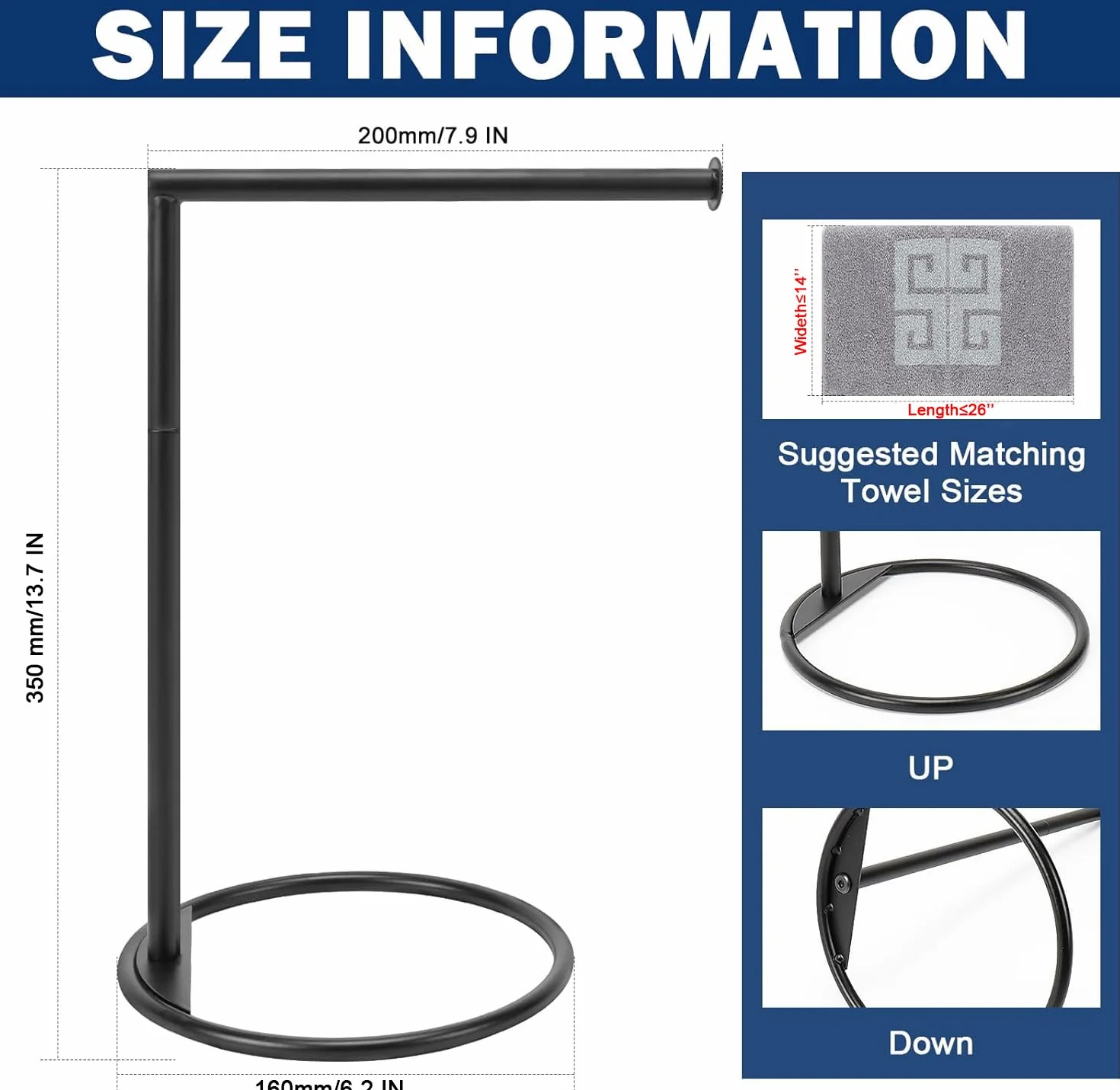 NearMoon Hand Towel Holder Stand, Thicken Metal L Shape Hand Towel Rack, Small Towel Ring, Stable Standing Towel Bar for Bathroom Kitchen Vanity Countertop, 8” L 14” H (Matte Black, 2 Pack)