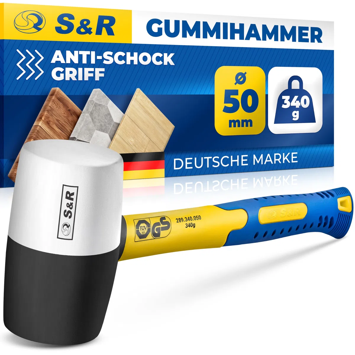 S&R Młotek gumowy do bruku, czarny/biały, 340 g, profesjonalny kauczuk naturalny, trzonek z włókna szklanego, antypoślizgowy, amortyzujący wstrząsy Ø 50 mm, młotek łagodny do bruku, płytki klinkierowe