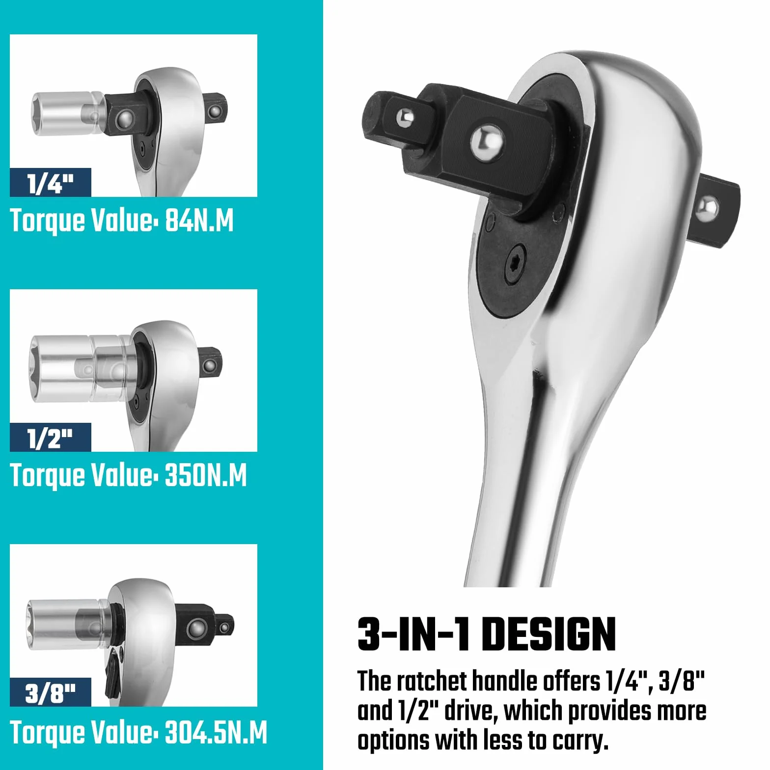 DURATECH Rękojeść z grzechotką 3 w 1, klucz z grzechotką 1/4”, 3/8”, klucz z grzechotką 1/2”, stal stopowa, klucz nasadowy 72-zębowy do napraw samochodowych
