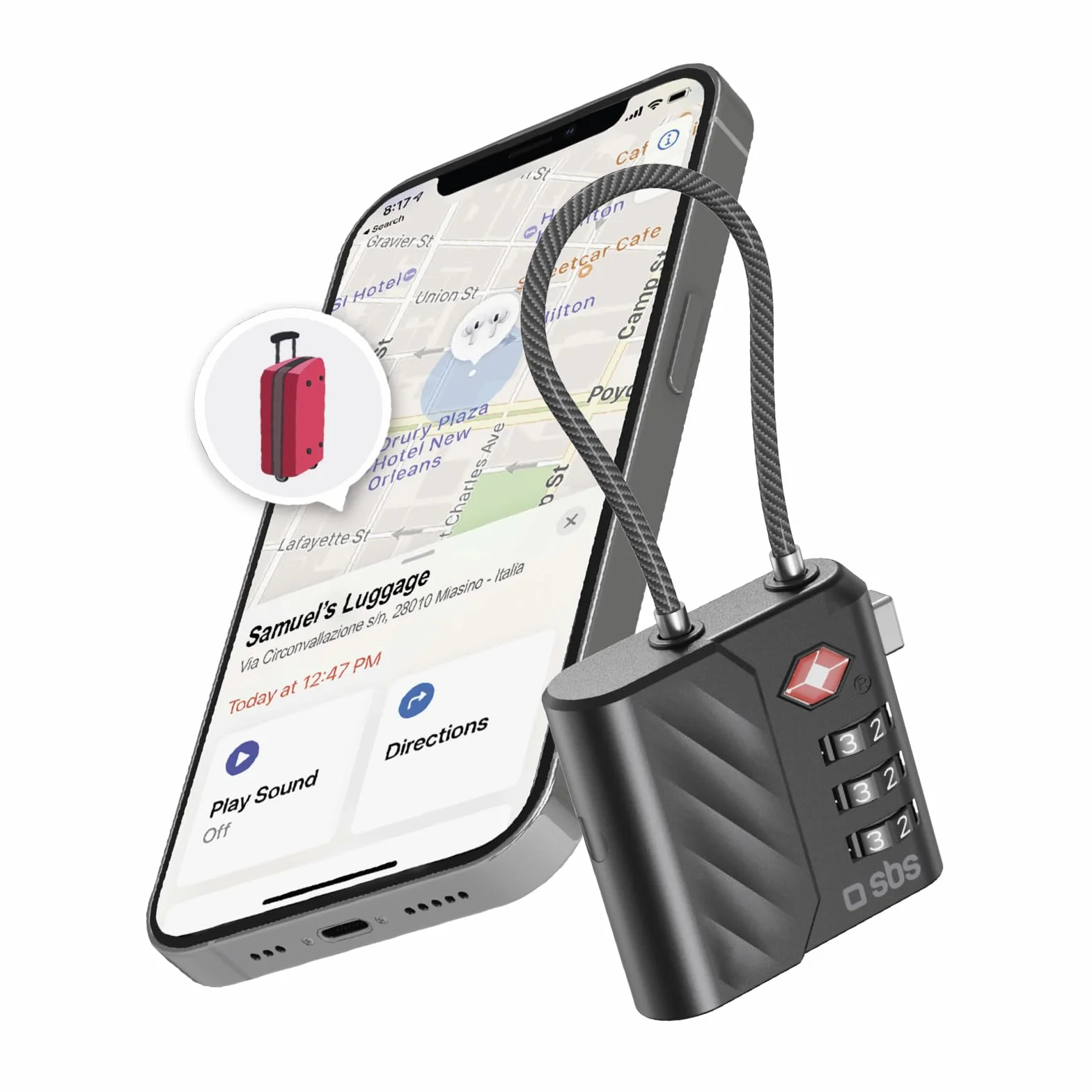 SBS Track My Lock, Zamek TSA z Wbudowanym Lokalizatorem Finder, Kompatybilny z Apple Find My (iOS), Zamek z Kodem 3-cyfrowym, Alarm 60 dB, Ładowanie USB-C, Idealny do Walizek i Toreb, Czarny