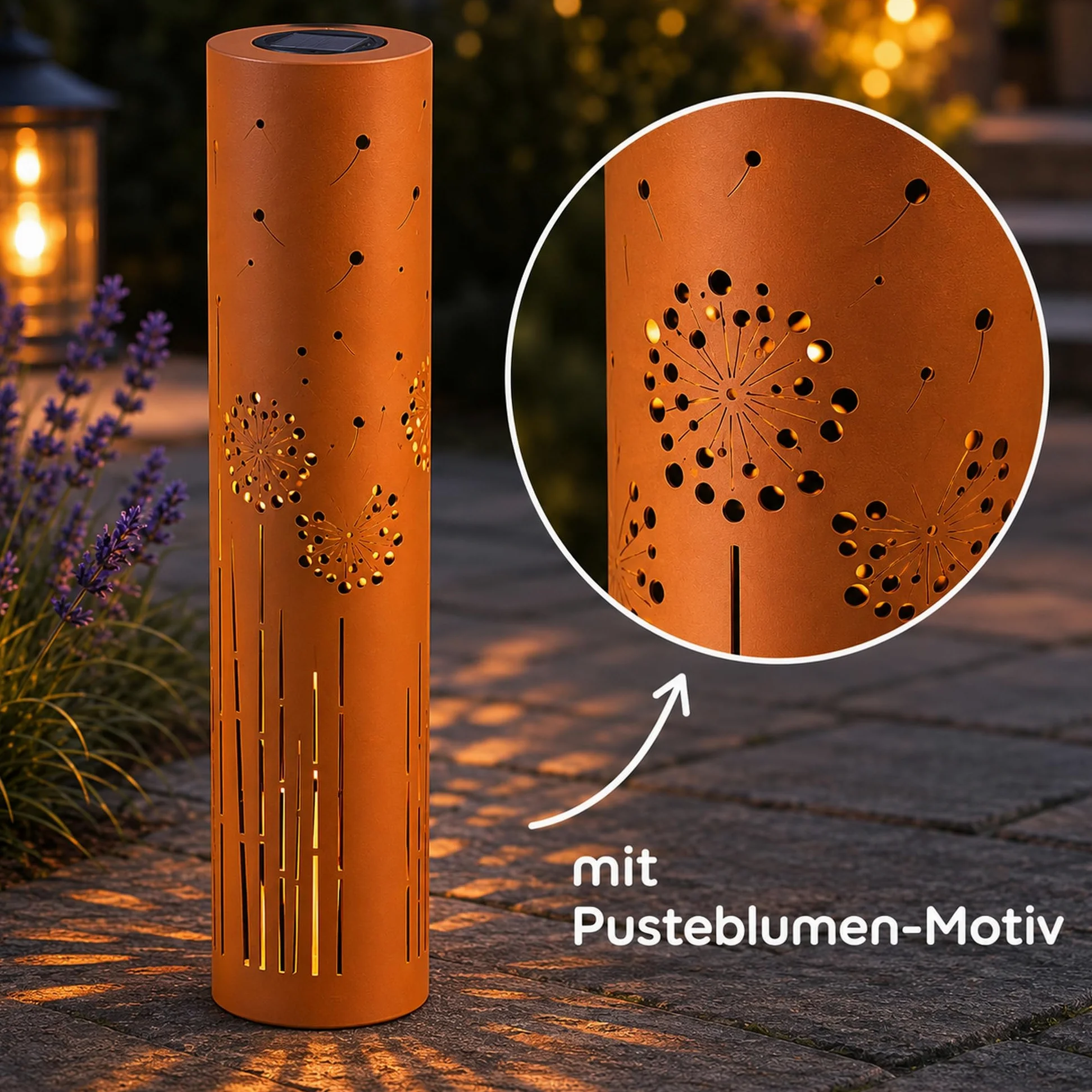 UNUS Zestaw 2 lamp solarnych do ogrodu 60 cm i 80 cm, z dmuchawcem, lampy ogrodowe do użytku na zewnątrz w kolorze rdzawego brązu, latarnia solarna do użytku na zewnątrz jako oświetlenie ogrodowe