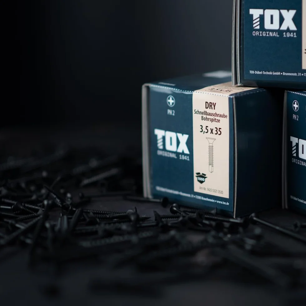 TOX Wkręty do szybkiego montażu DRY BS 3,5 x 25 mm, śruby czarne fosforanowane z gwintem drobnym + końcówka wiertnicza, płyta gipsowo-kartonowa na metalowej konstrukcji podstawy, PH2, 1000 sztuk, w