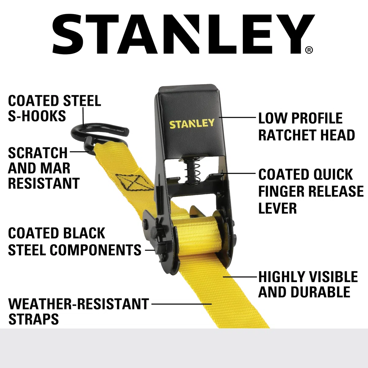 STANLEY S9500 Czarne/żółte paski z grzechotką 2,5 cm x 25,5 cm - lekki ładunek (obciążenie robocze 136 kg/wytrzymałość na rozerwanie 408 kg), 4 szt