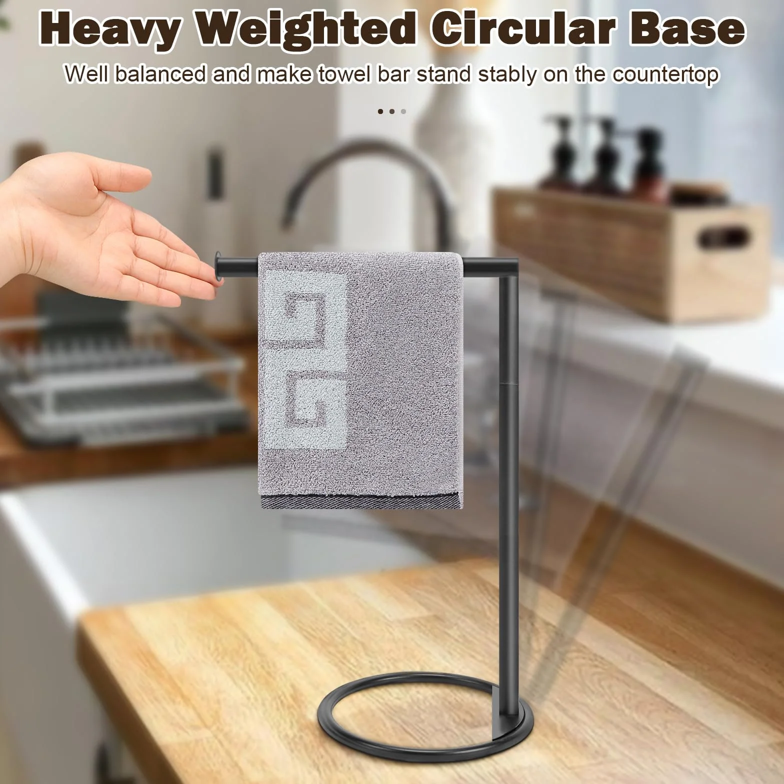 NearMoon Hand Towel Holder Stand, Thicken Metal L Shape Hand Towel Rack, Small Towel Ring, Stable Standing Towel Bar for Bathroom Kitchen Vanity Countertop, 8” L 14” H (Matte Black, 2 Pack)