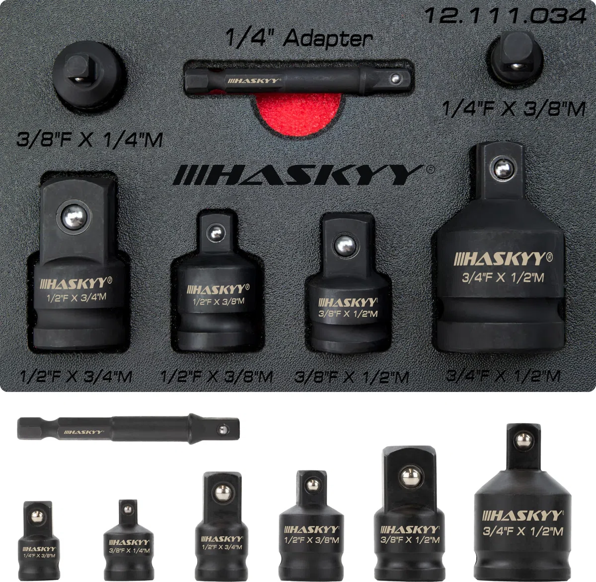 HASKYY Zestaw adapterów do wkrętarki udarowej 1/4" 3/8" 1/2" 3/4" do wkrętarki akumulatorowej, grzechotki i klucza dynamometrycznego – zestaw adapterów do kluczy nasadowych ze stali