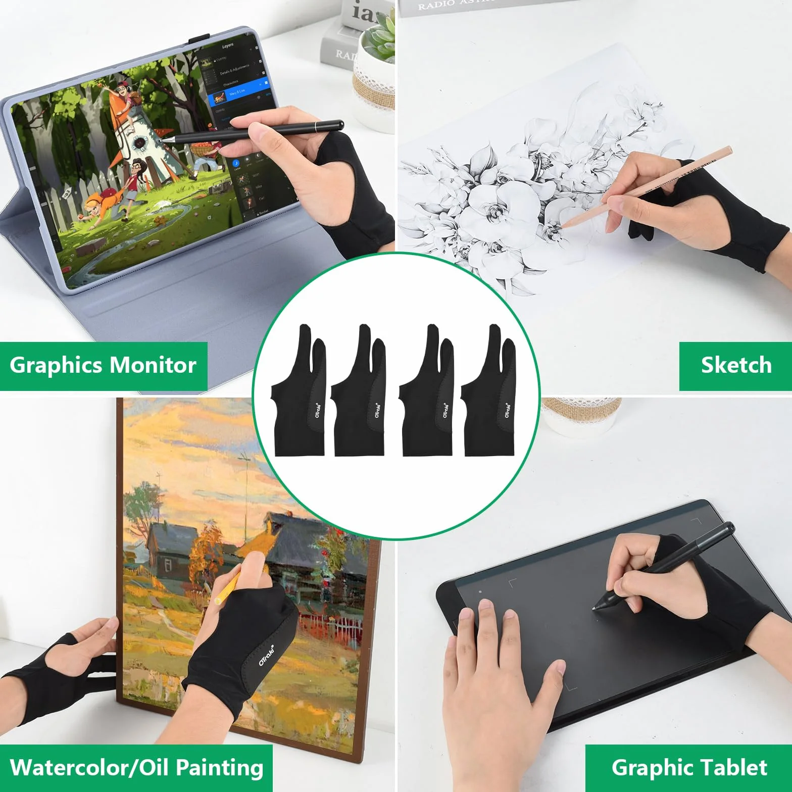 OTraki 4-pak 3-warstwowych cyfrowych rękawic dla artystów z dwoma palcami do iPada i tabletu