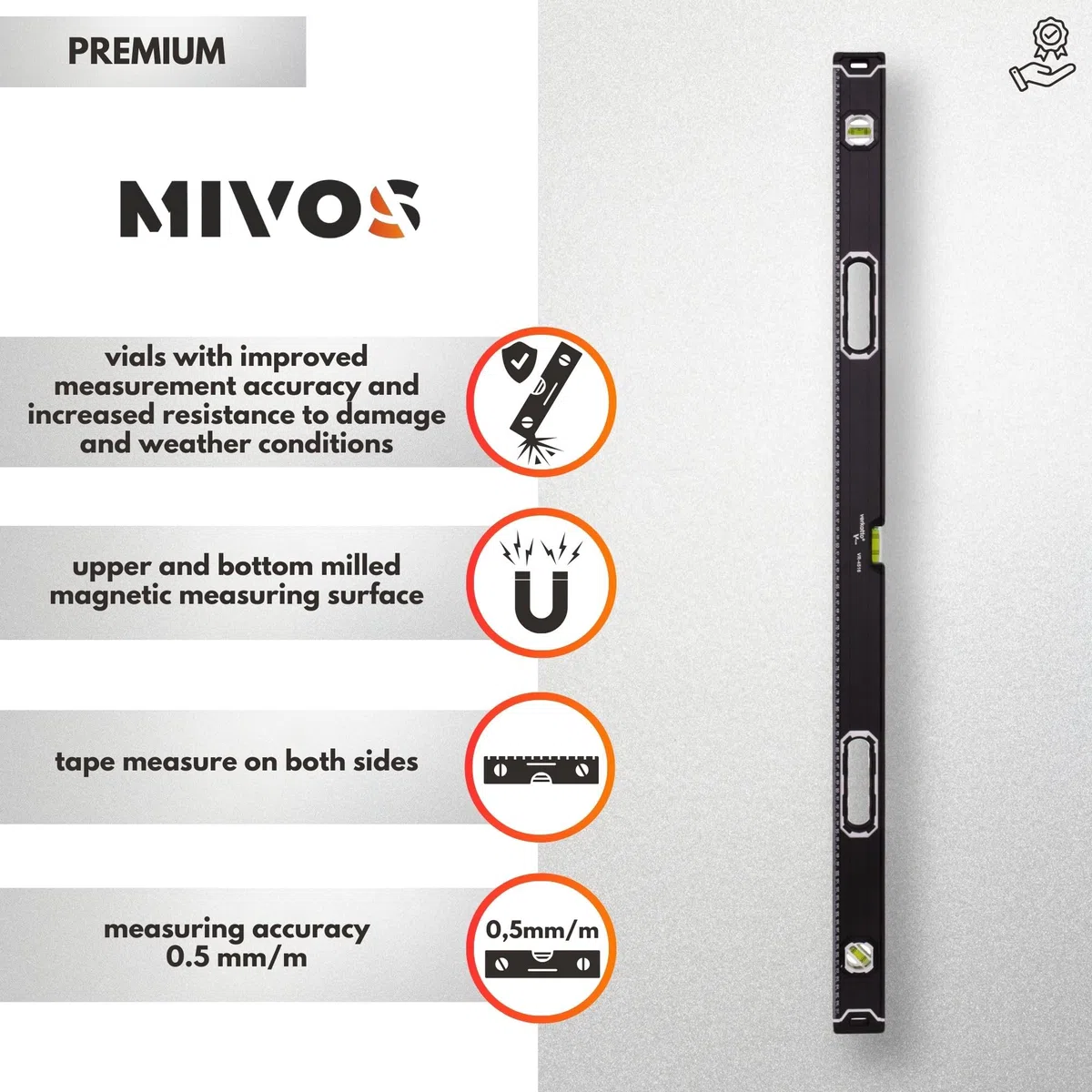 MIVOS - Aluminiowa Poziomica 120 cm z Systemem Magnetycznym - 3 Ważki, Wysoka Dokładność