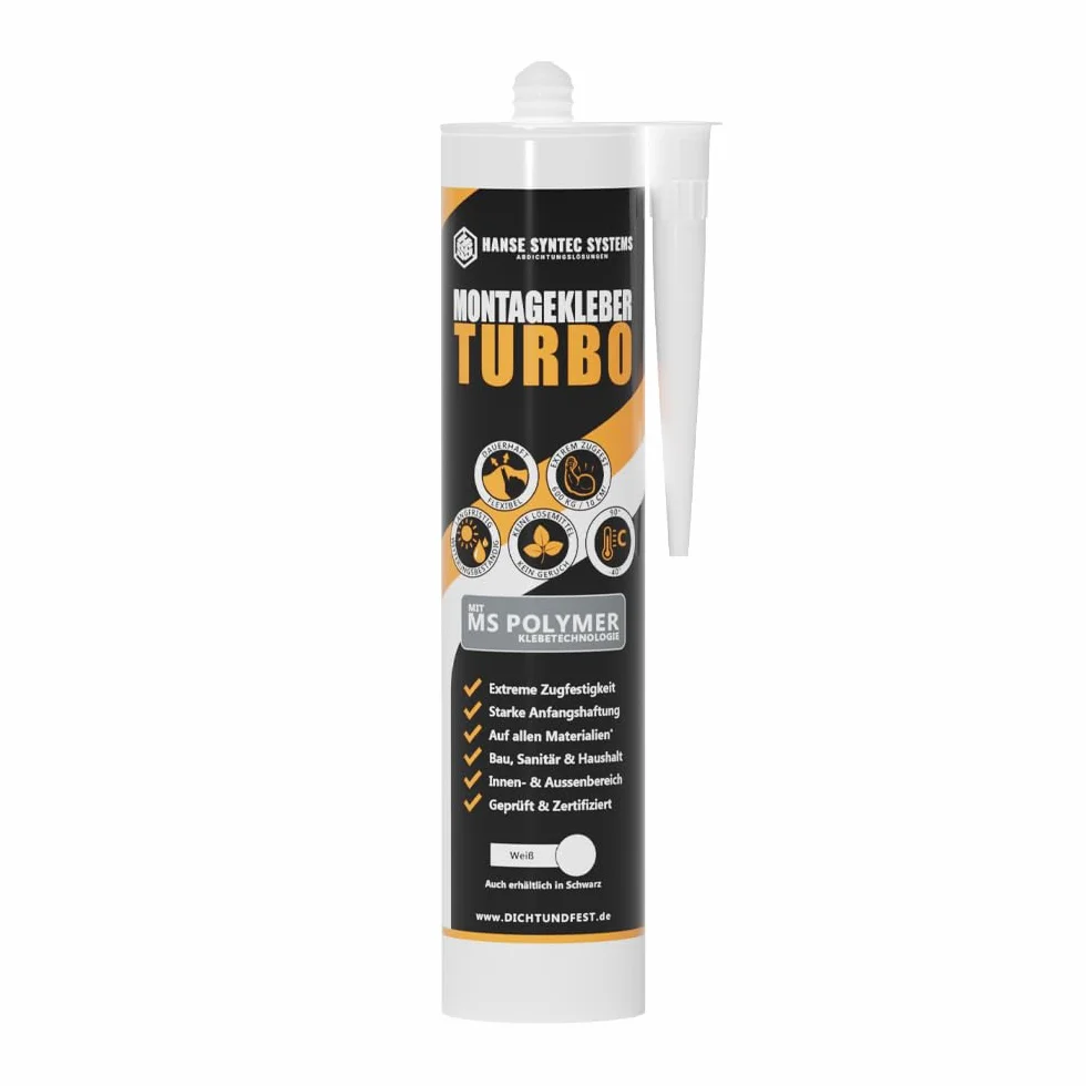 HSS® Klej montażowy Turbo, technologia klejenia High Tack MS Polymer, mocny/ 600 kg/m², budowlany, do wewnątrz i na zewnątrz, do każdego materiału, odporny na UV i warunki atmosferyczne, biały, 290 ml
