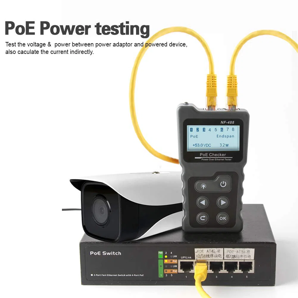 KALEA-INFORMATIQUE Tester kabli sieciowych RJ45 RJ11: mapowanie kabli, test PoE (obecność, prąd, napięcie, moc), test poboru mocy