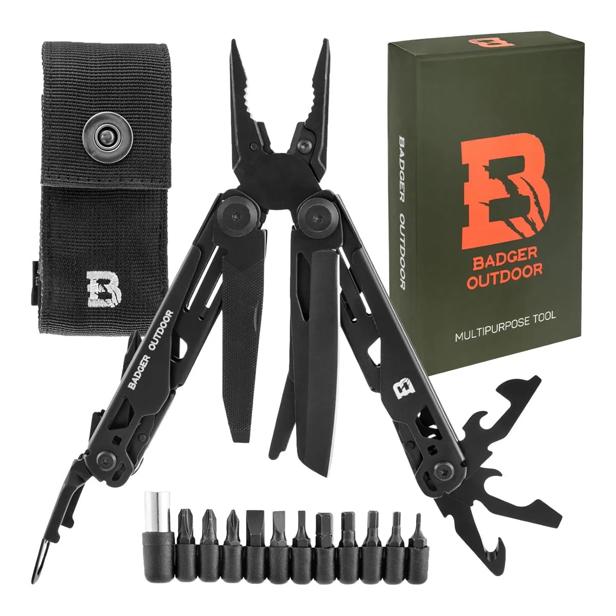 Badger Outdoor Solid Black Multitool 16w1 - Nóż Wielofunkcyjny - Scyzoryk Survivalowy - Narzędzie Turystyczne z Bitami - Prezent dla Mężczyzny - Sprzęt do Wędrówek, Campingu i Survivalu