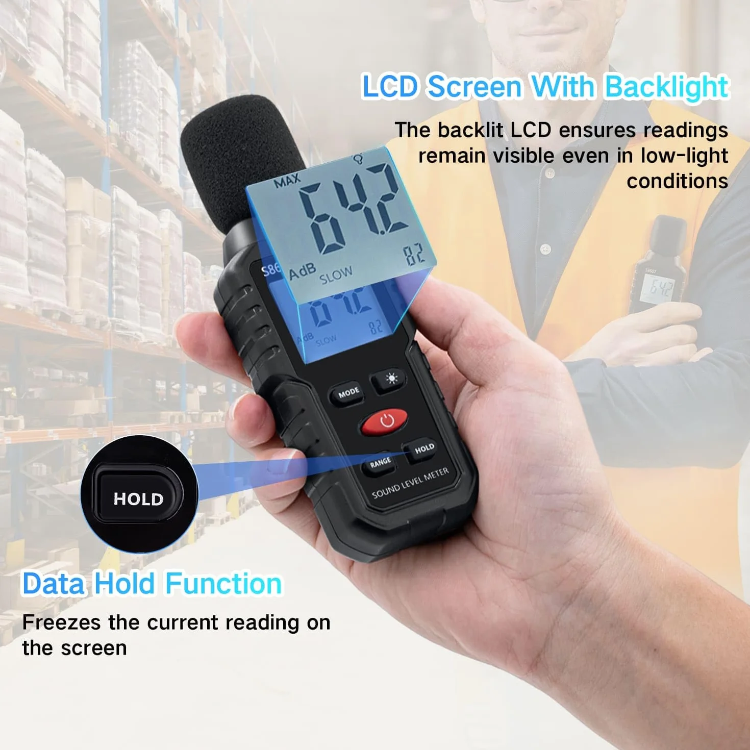 Mcbazel Fonometr, cyfrowy miernik hałasu, miernik decybeli z wyświetlaczem LCD, pomiar 30 dB przy 130 dB