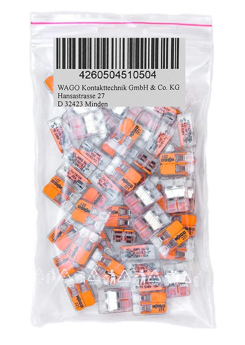 WAGO 50 sztuk 221-412 zacisk łączący, 2-żyłowy, z dźwignią, 0,2-4 mm², mały kształt, przezroczyste