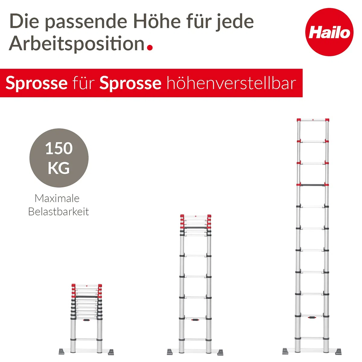 Hailo T80 FlexLine aluminiowa drabina teleskopowa – wysuwana drabina przystawna z 11 szczeblami – wysokość robocza do 397 cm – waga 10,7 kg – srebrna