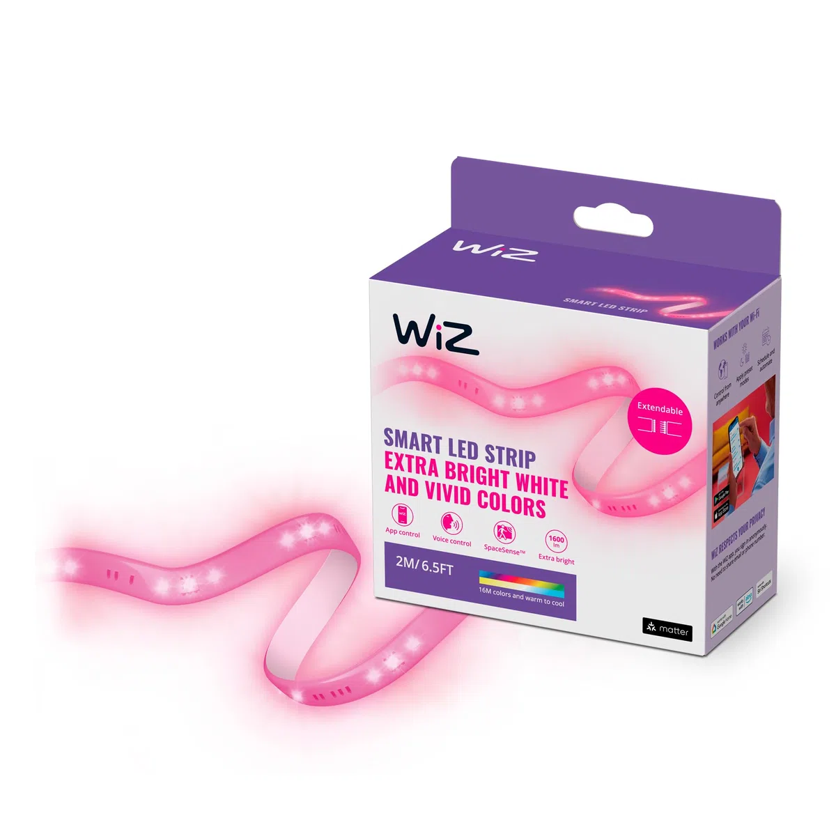 WiZ Inteligentna taśma LED 2 m, 1600 lm, Wi-Fi, Bluetooth, wiele odcieni bieli, szeroka paleta kolorów, sterowanie aplikacją + zasilacz