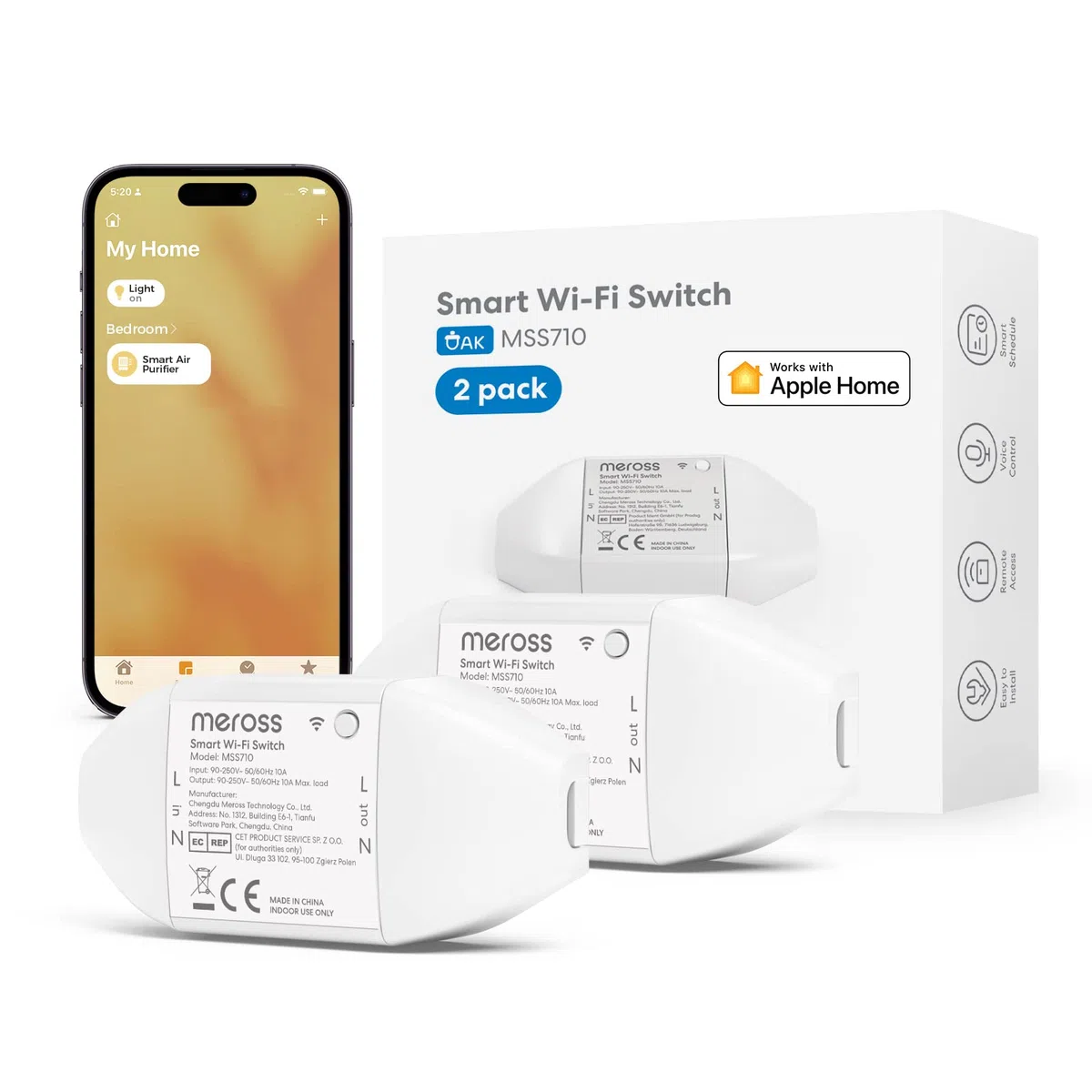 Meross MSS710HKKIT, Włącznik WiFi, inteligentny przełącznik kompatybilny z Apple HomeKit, Siri, Alexa i Google Home, 10A DIY przełącznik z pilotem głosowym, pilotem zdalnego sterowania i funkcją czasu