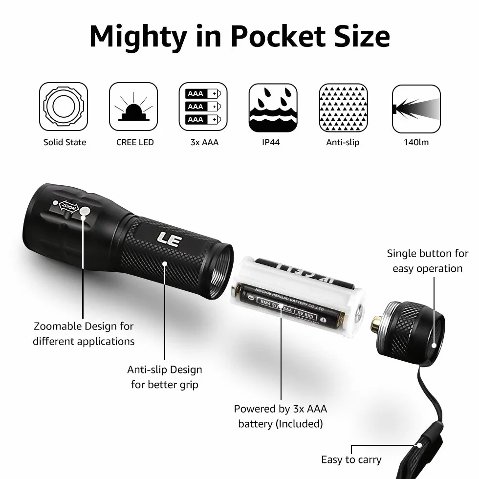 LE1000 mała latarka LED, bardzo jasna, z zoomem, zasilana bateriami, przenośna latarka błyskowa, wodoszczelna latarka, na kemping, do aktywności na świeżym powietrzu, wędrówek, sytuacji awaryjnych