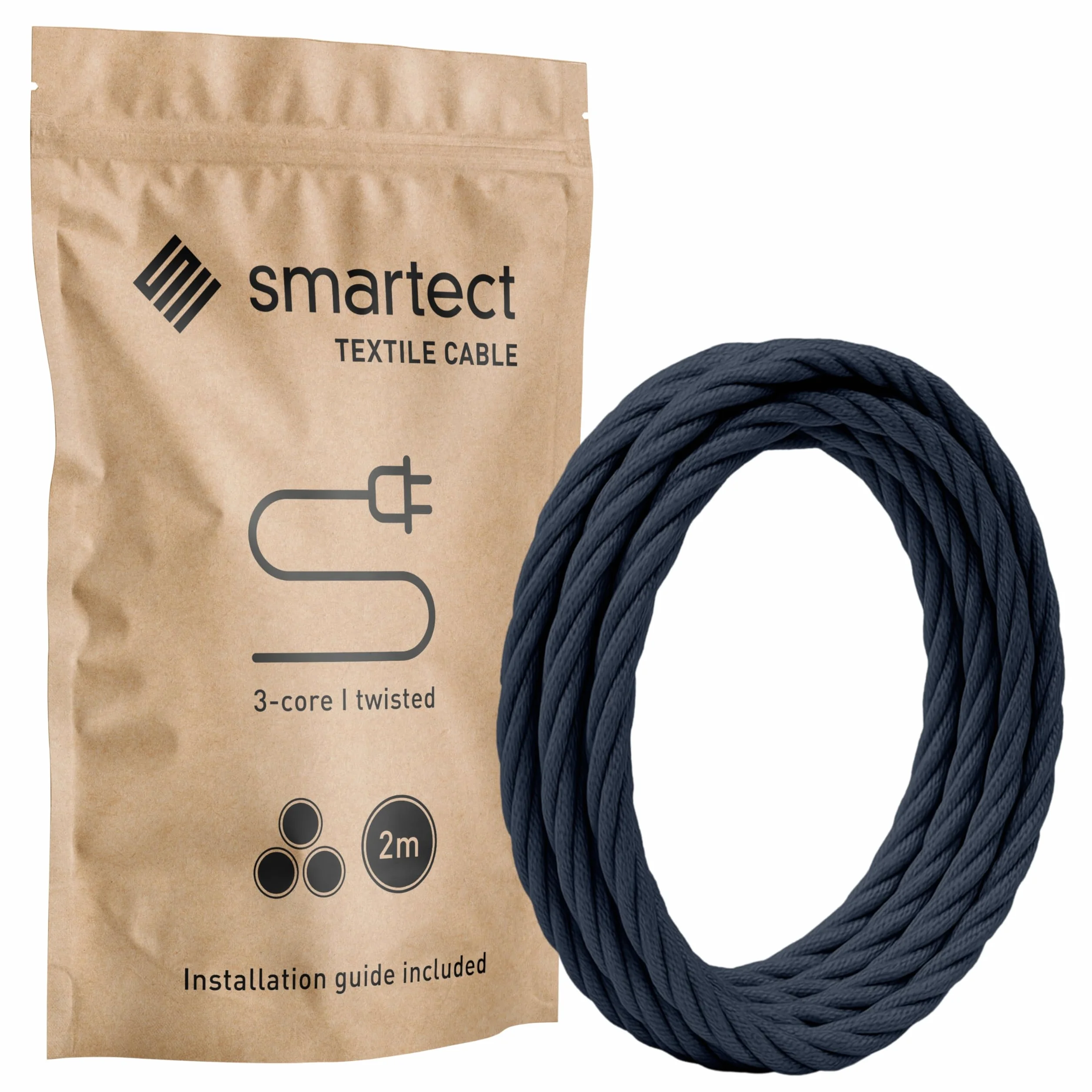 smartect Antracyt Kabel Skręcony Tekstylny, 2 Metrów Kabel w Oplocie Elektryczny, 3 Żyłowy (3 x 0,75 mm²) Elektryczny Kabel w Oplocie Tekstylnym do Własnych Projektów DIY