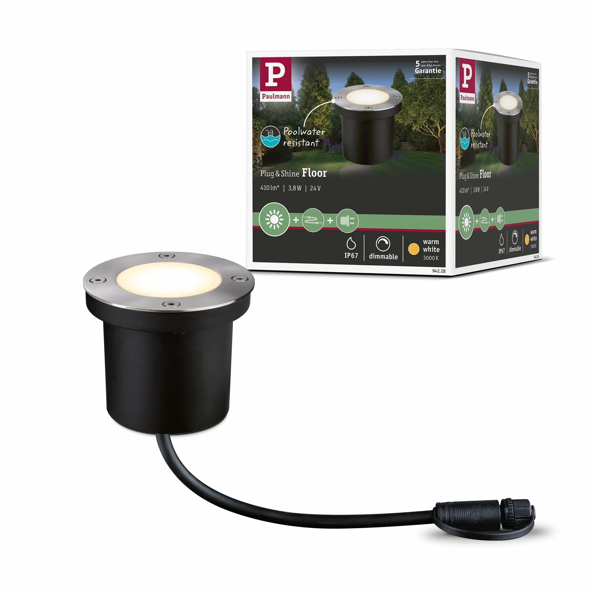 Paulmann 94228 Plug & Shine LED oprawa zewn.oprawa dogrunt. okr. w kompl. ściemn. 1x3,6 W IP65 na zewnątrz stal szl., metal, tw. sztuczne 3000 K